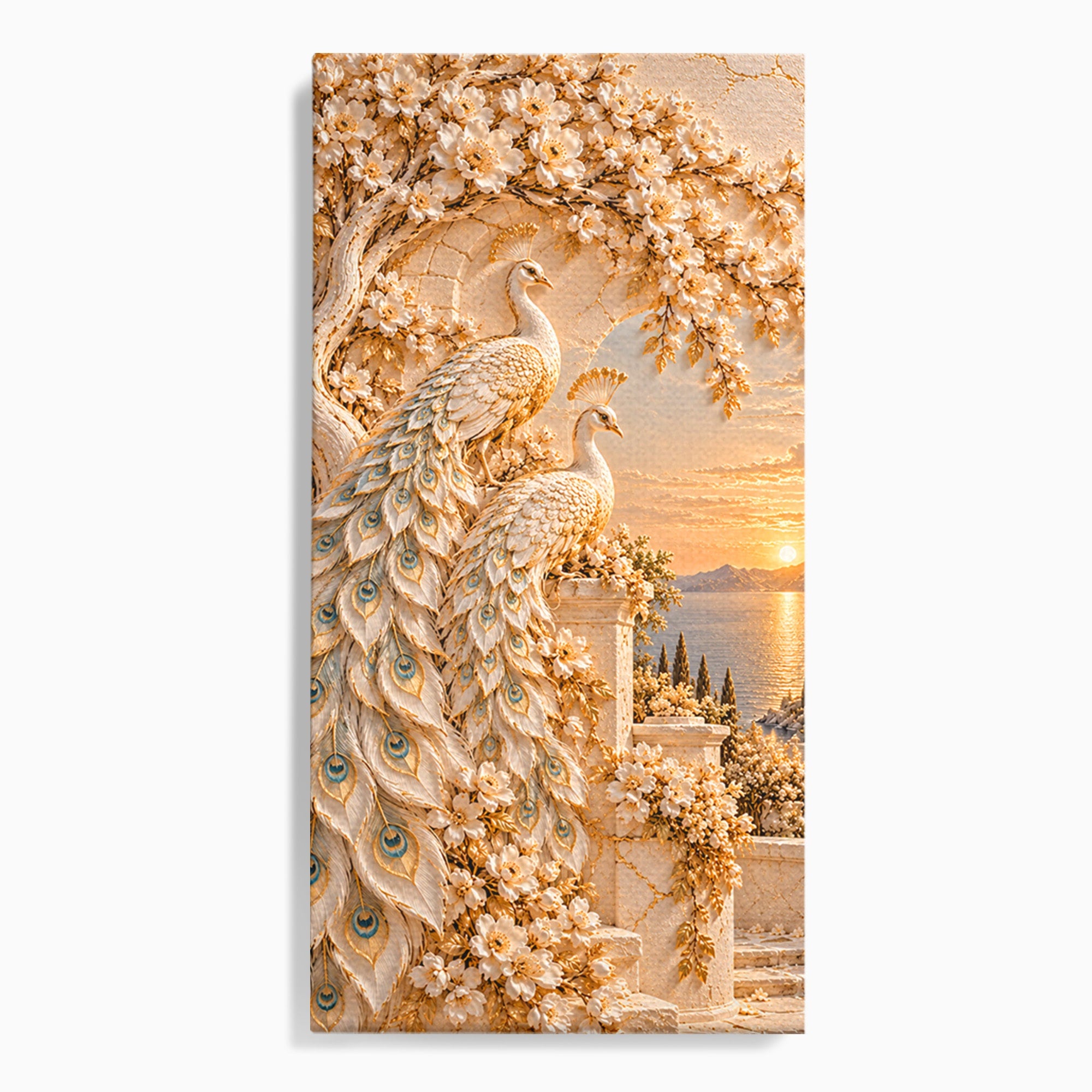 Tablou Canvas Premium LuxCanva® PI1427, Păuni Eleganți, Coada, Eleganță, Apus, Natură, Pereche,  Culori Vibrante, Living, Dormitor