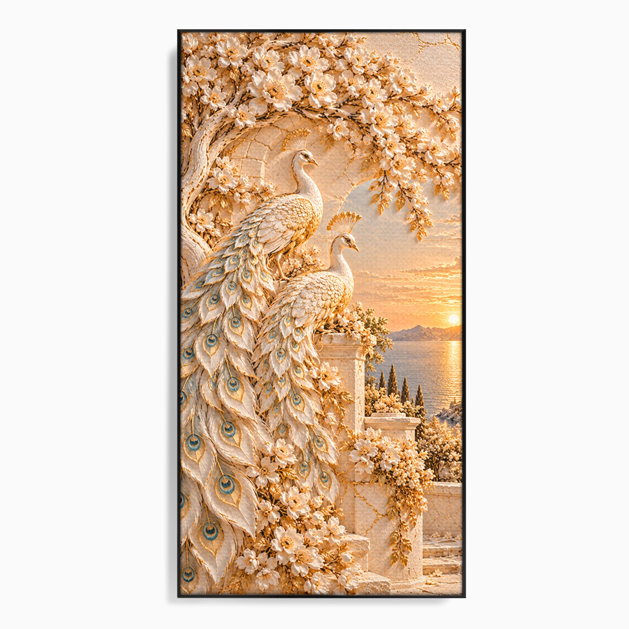 Tablou Canvas Premium LuxCanva® PI1427, Păuni Eleganți, Coada, Eleganță, Apus, Natură, Pereche,  Culori Vibrante, Living, Dormitor