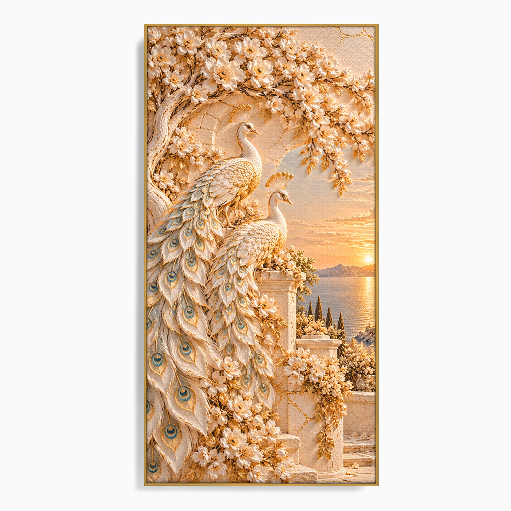 Tablou Canvas Premium LuxCanva® PI1427, Păuni Eleganți, Coada, Eleganță, Apus, Natură, Pereche,  Culori Vibrante, Living, Dormitor