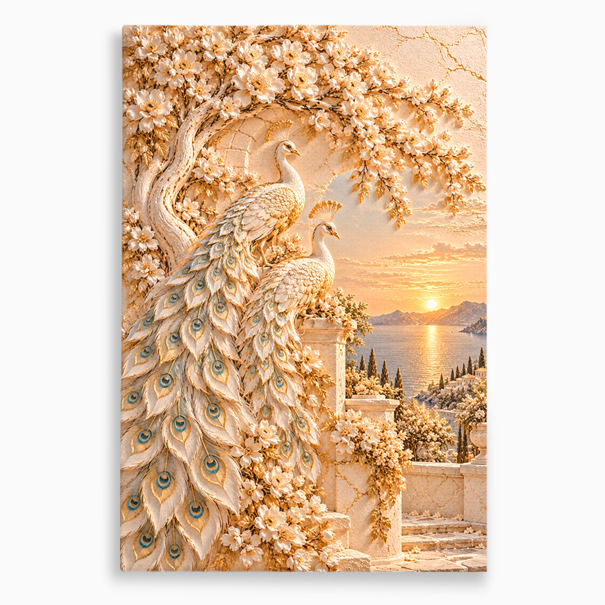 Tablou Canvas Premium LuxCanva® PI1427, Păuni Eleganți, Coada, Eleganță, Apus, Natură, Pereche,  Culori Vibrante, Living, Dormitor