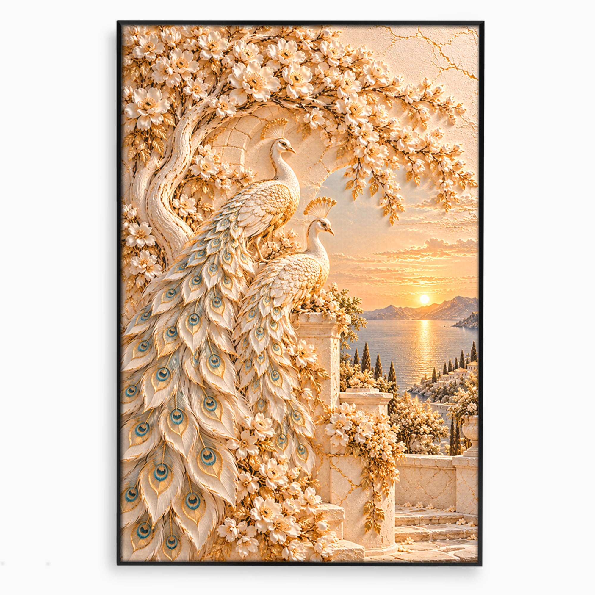 Tablou Canvas Premium LuxCanva® PI1427, Păuni Eleganți, Coada, Eleganță, Apus, Natură, Pereche,  Culori Vibrante, Living, Dormitor