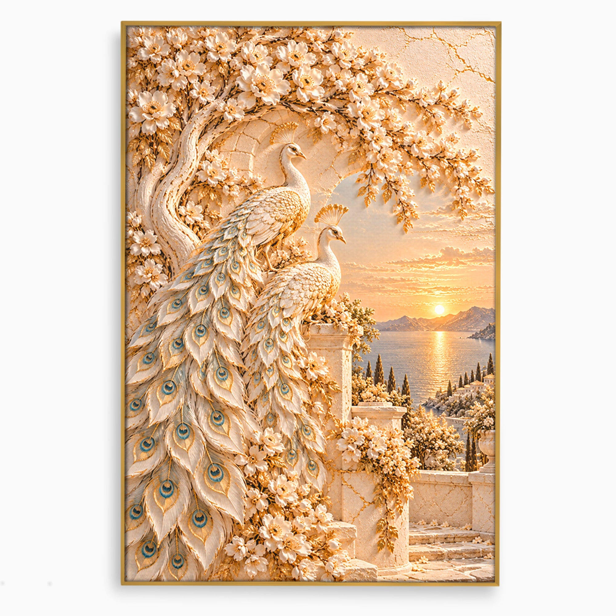 Tablou Canvas Premium LuxCanva® PI1427, Păuni Eleganți, Coada, Eleganță, Apus, Natură, Pereche,  Culori Vibrante, Living, Dormitor