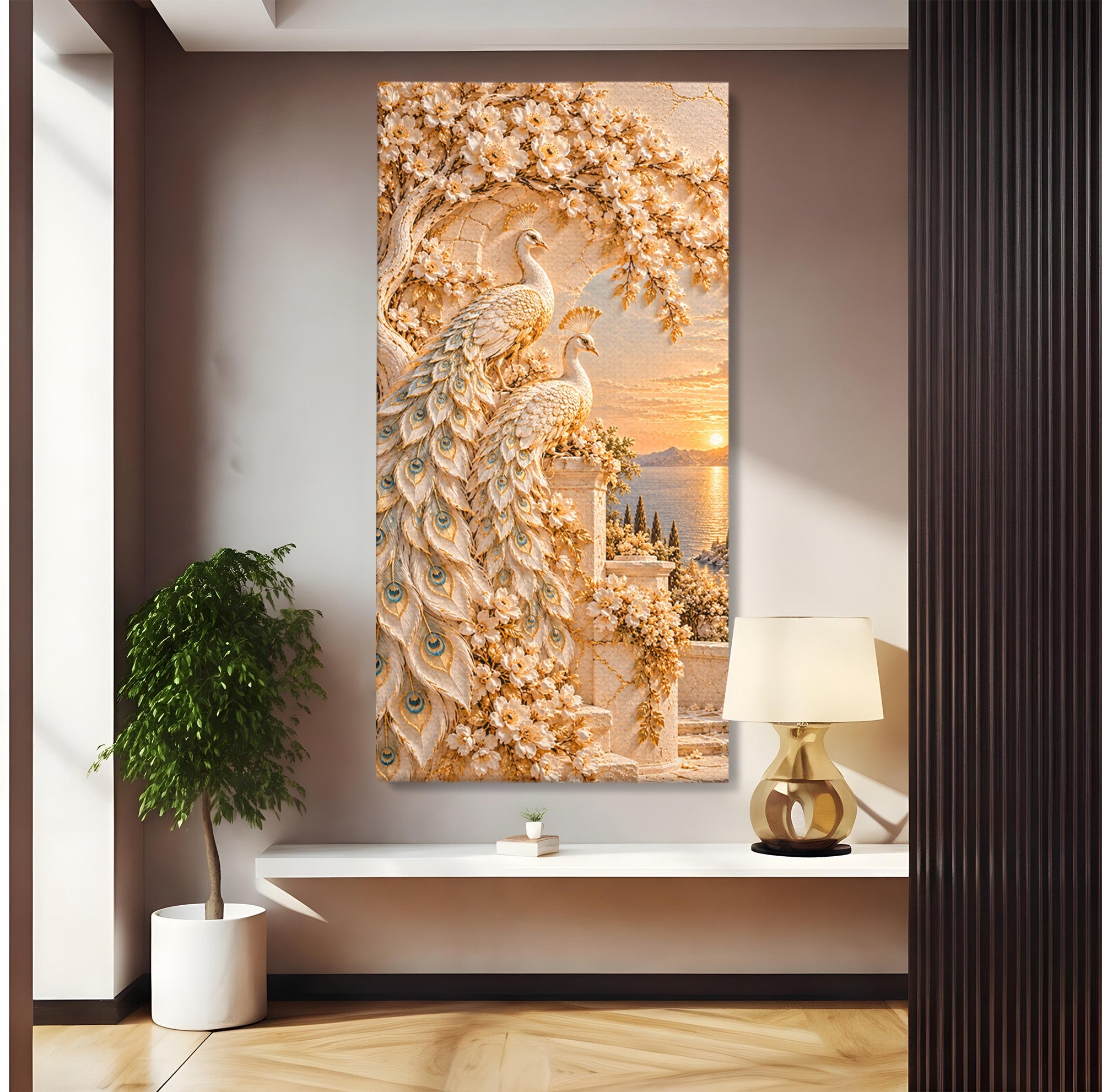 Tablou Canvas Premium LuxCanva® PI1427, Păuni Eleganți, Coada, Eleganță, Apus, Natură, Pereche,  Culori Vibrante, Living, Dormitor