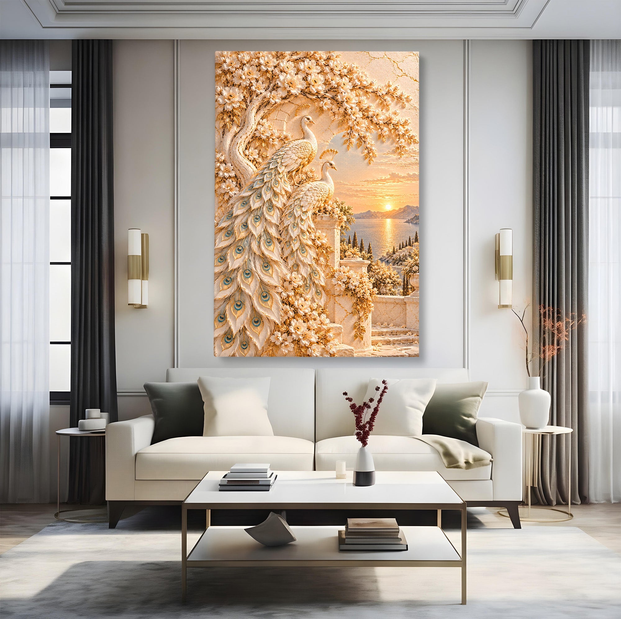 Tablou Canvas Premium LuxCanva® PI1427, Păuni Eleganți, Coada, Eleganță, Apus, Natură, Pereche,  Culori Vibrante, Living, Dormitor