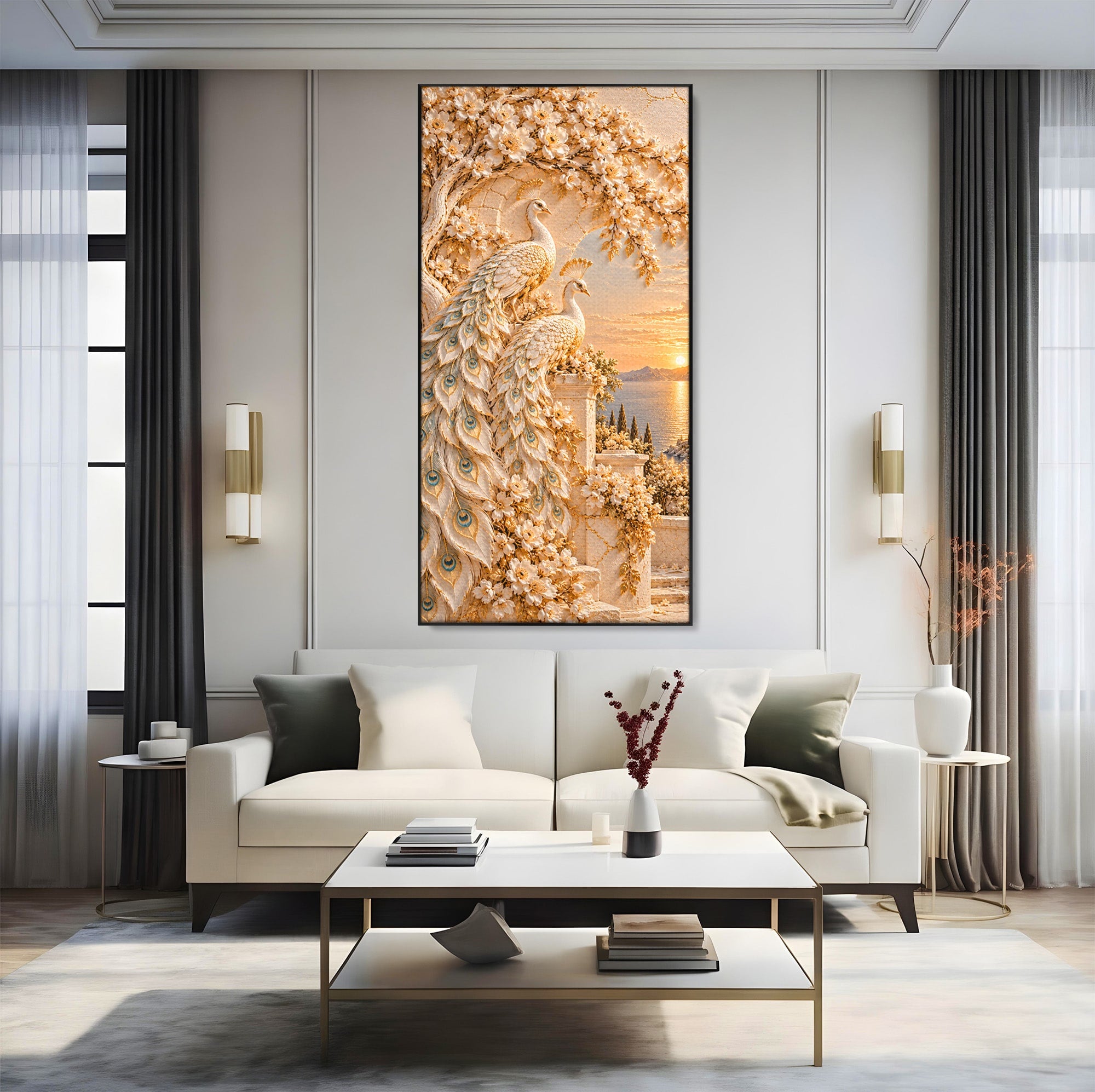 Tablou Canvas Premium LuxCanva® PI1427, Păuni Eleganți, Coada, Eleganță, Apus, Natură, Pereche,  Culori Vibrante, Living, Dormitor