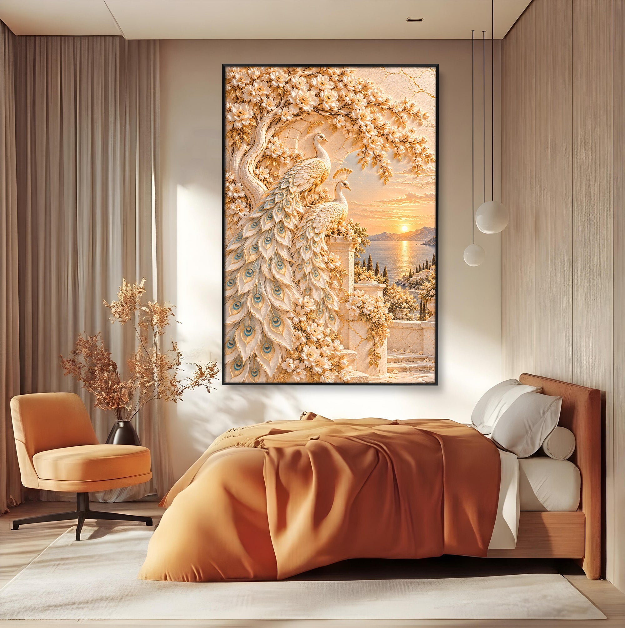 Tablou Canvas Premium LuxCanva® PI1427, Păuni Eleganți, Coada, Eleganță, Apus, Natură, Pereche,  Culori Vibrante, Living, Dormitor