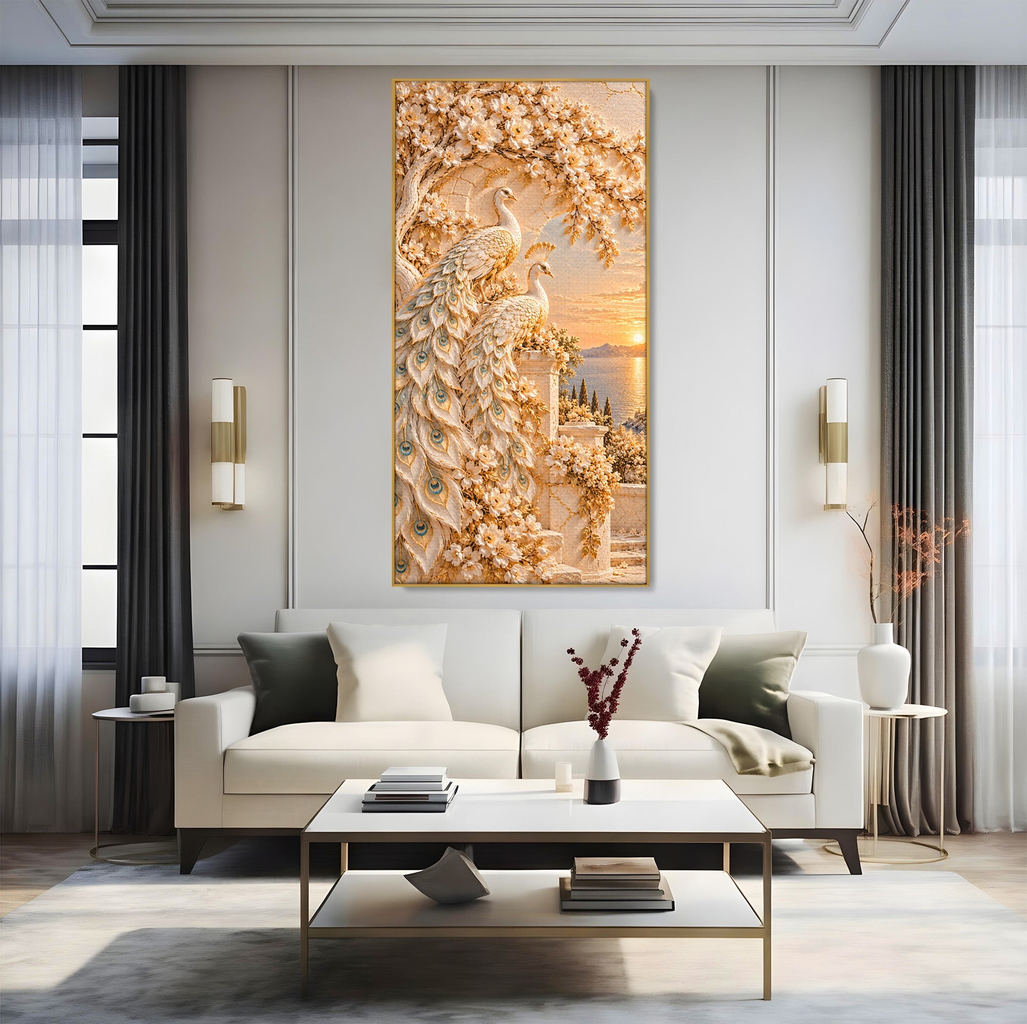 Tablou Canvas Premium LuxCanva® PI1427, Păuni Eleganți, Coada, Eleganță, Apus, Natură, Pereche,  Culori Vibrante, Living, Dormitor
