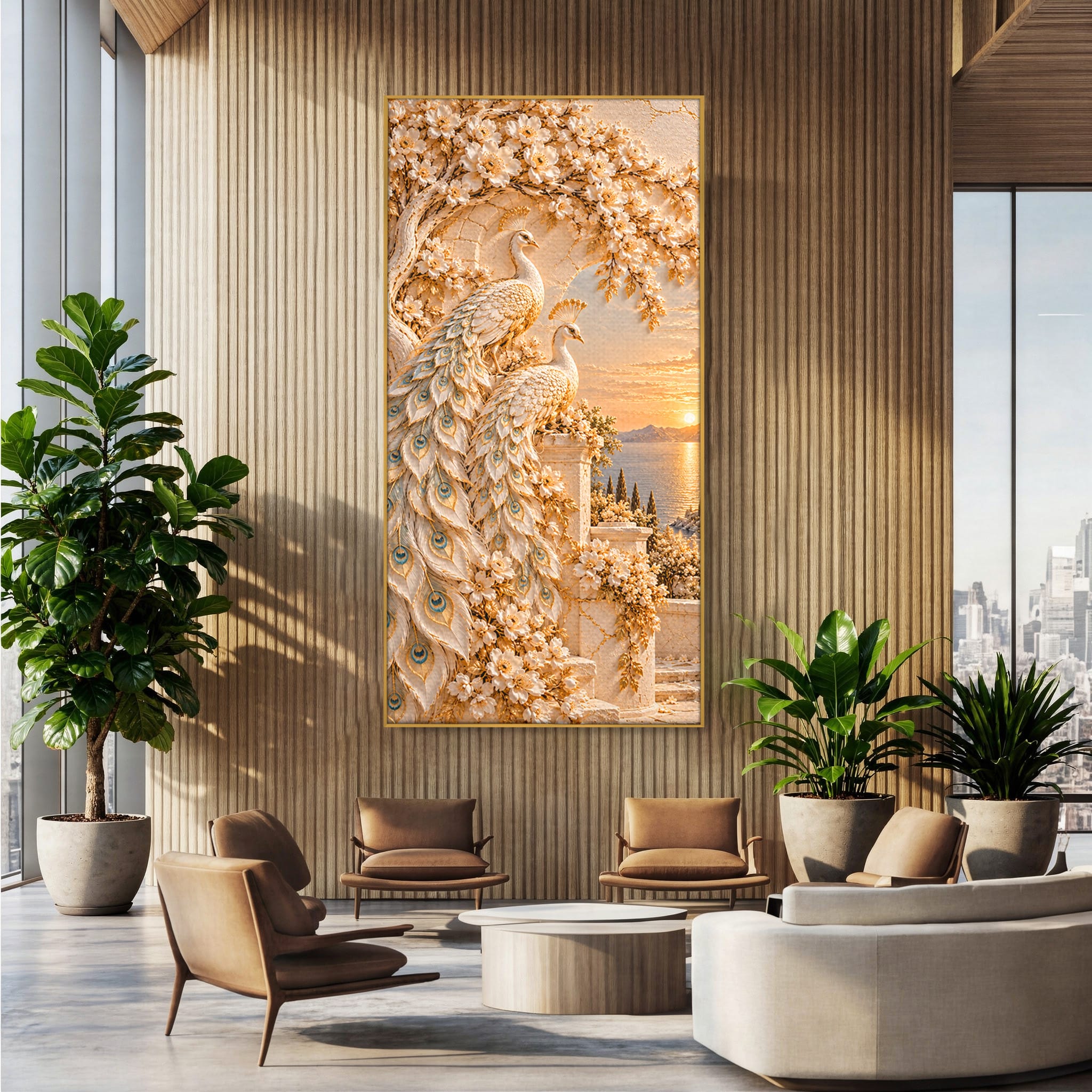 Tablou Canvas Premium LuxCanva® PI1427, Păuni Eleganți, Coada, Eleganță, Apus, Natură, Pereche,  Culori Vibrante, Living, Dormitor