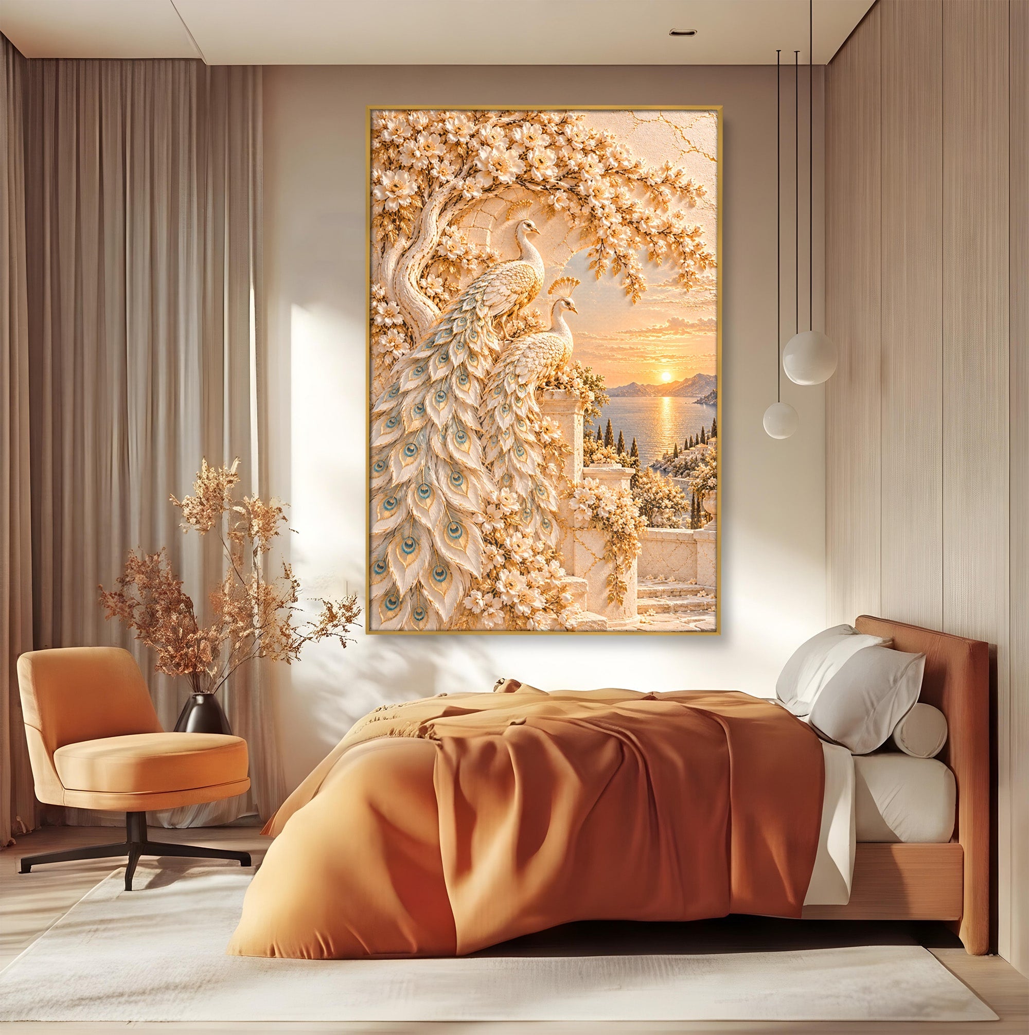 Tablou Canvas Premium LuxCanva® PI1427, Păuni Eleganți, Coada, Eleganță, Apus, Natură, Pereche,  Culori Vibrante, Living, Dormitor