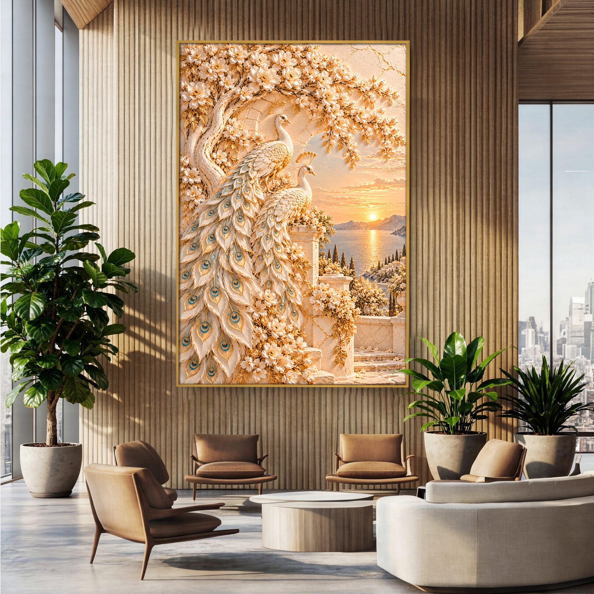 Tablou Canvas Premium LuxCanva® PI1427, Păuni Eleganți, Coada, Eleganță, Apus, Natură, Pereche,  Culori Vibrante, Living, Dormitor