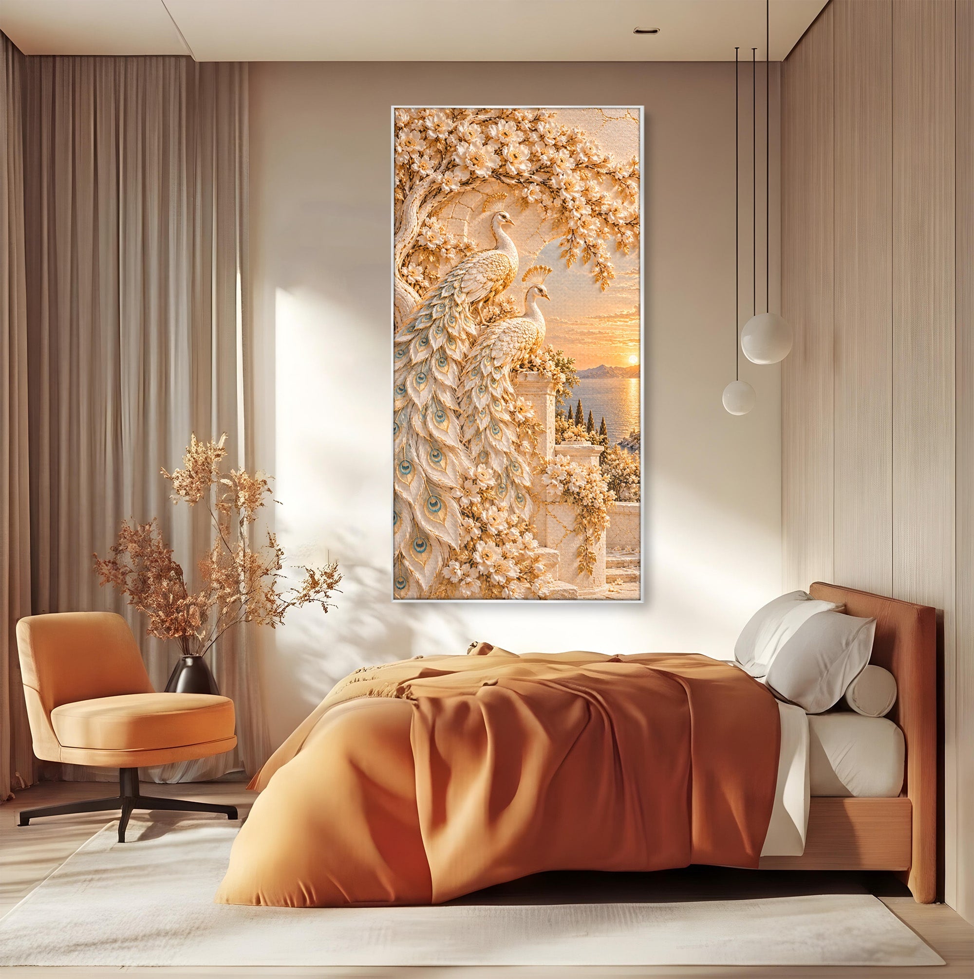 Tablou Canvas Premium LuxCanva® PI1427, Păuni Eleganți, Coada, Eleganță, Apus, Natură, Pereche,  Culori Vibrante, Living, Dormitor