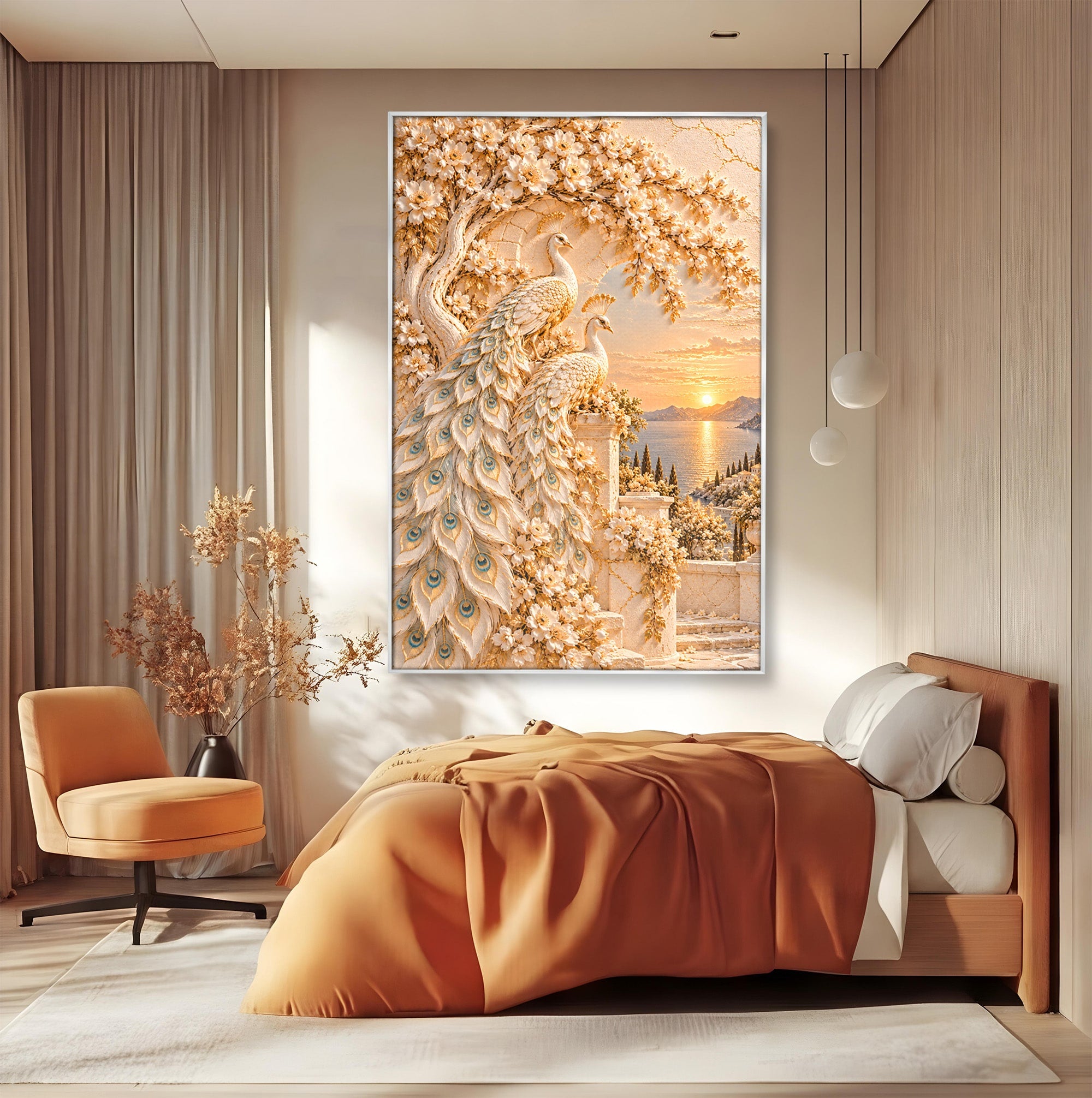 Tablou Canvas Premium LuxCanva® PI1427, Păuni Eleganți, Coada, Eleganță, Apus, Natură, Pereche,  Culori Vibrante, Living, Dormitor