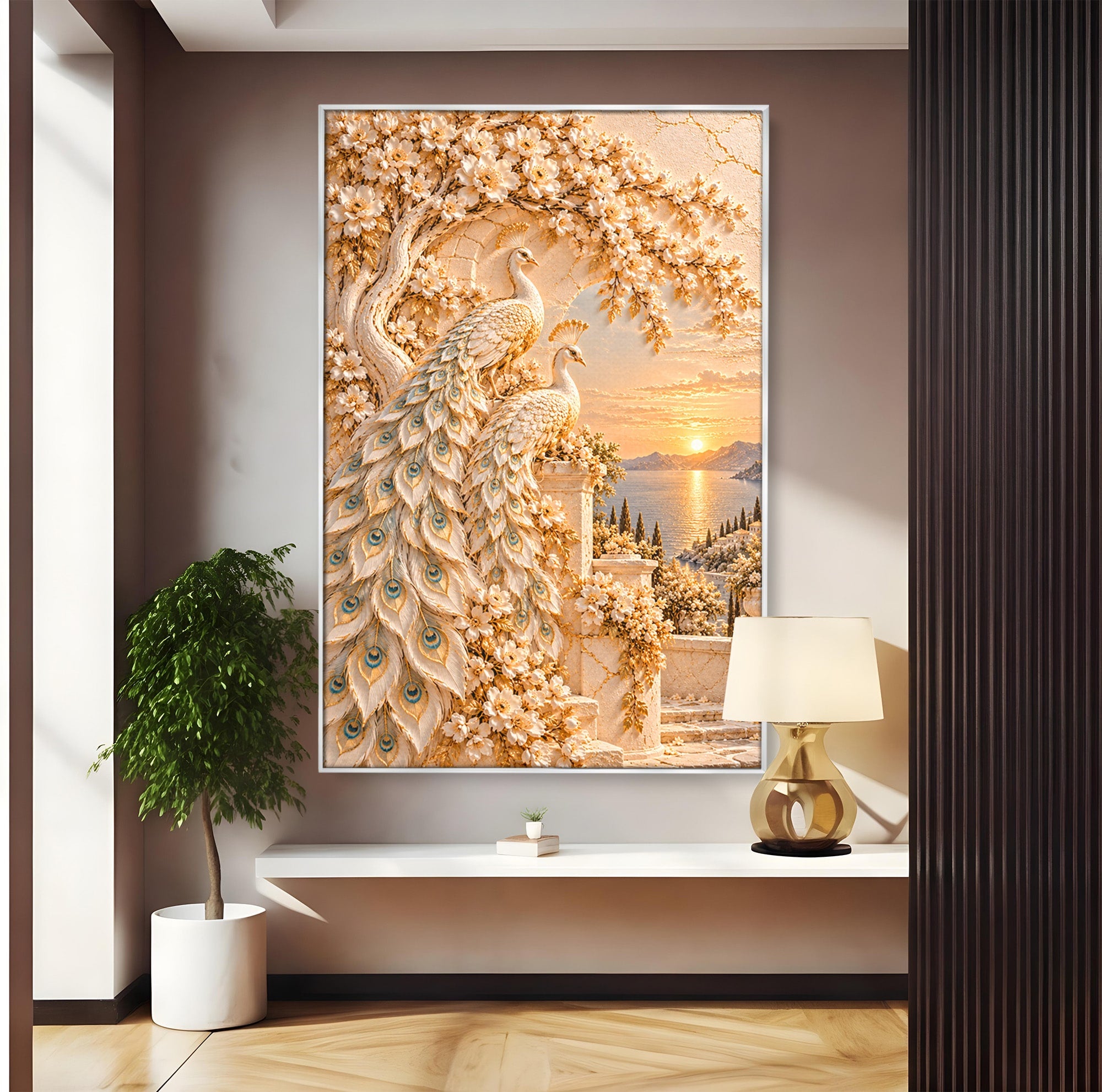 Tablou Canvas Premium LuxCanva® PI1427, Păuni Eleganți, Coada, Eleganță, Apus, Natură, Pereche,  Culori Vibrante, Living, Dormitor