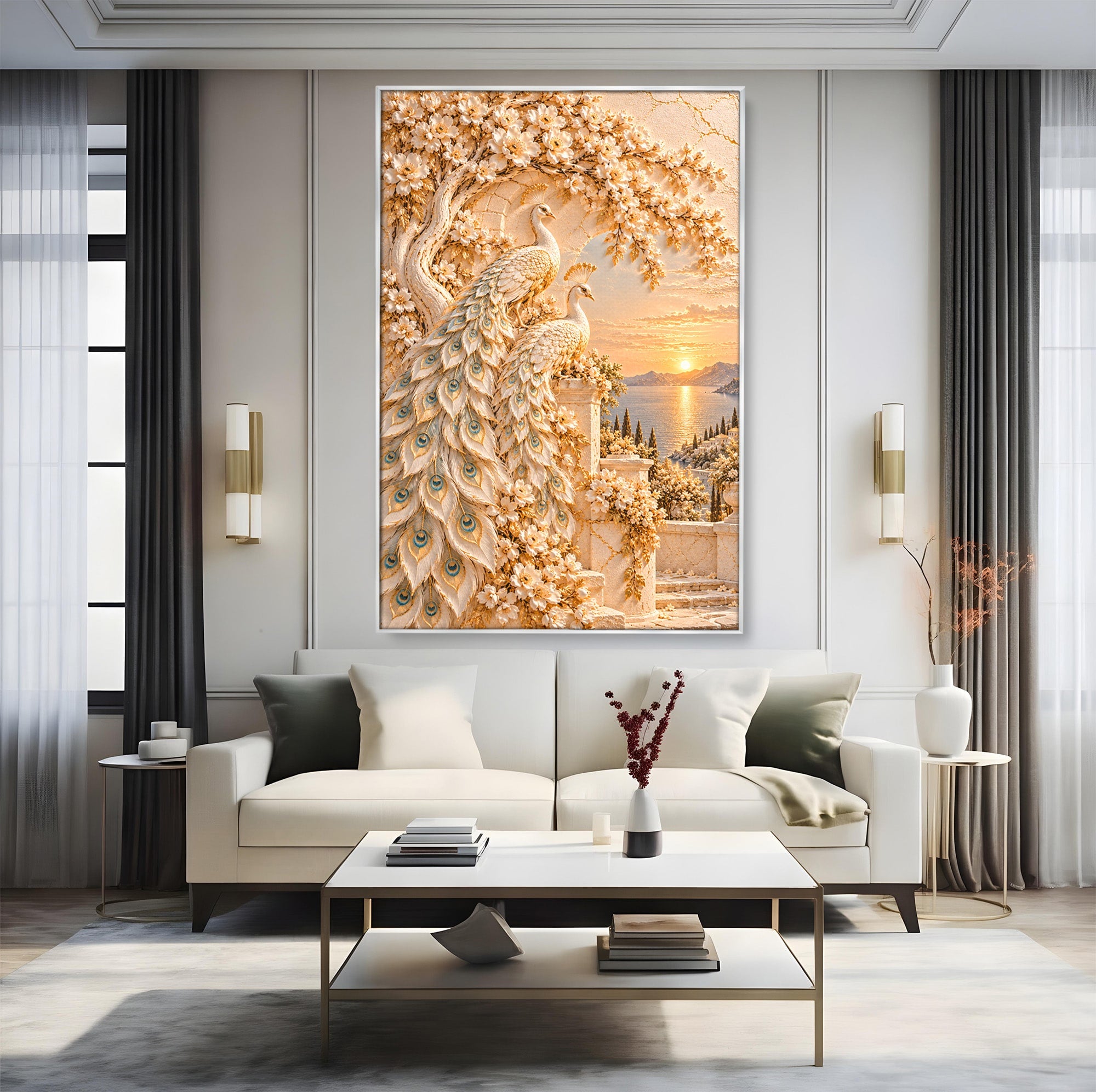Tablou Canvas Premium LuxCanva® PI1427, Păuni Eleganți, Coada, Eleganță, Apus, Natură, Pereche,  Culori Vibrante, Living, Dormitor