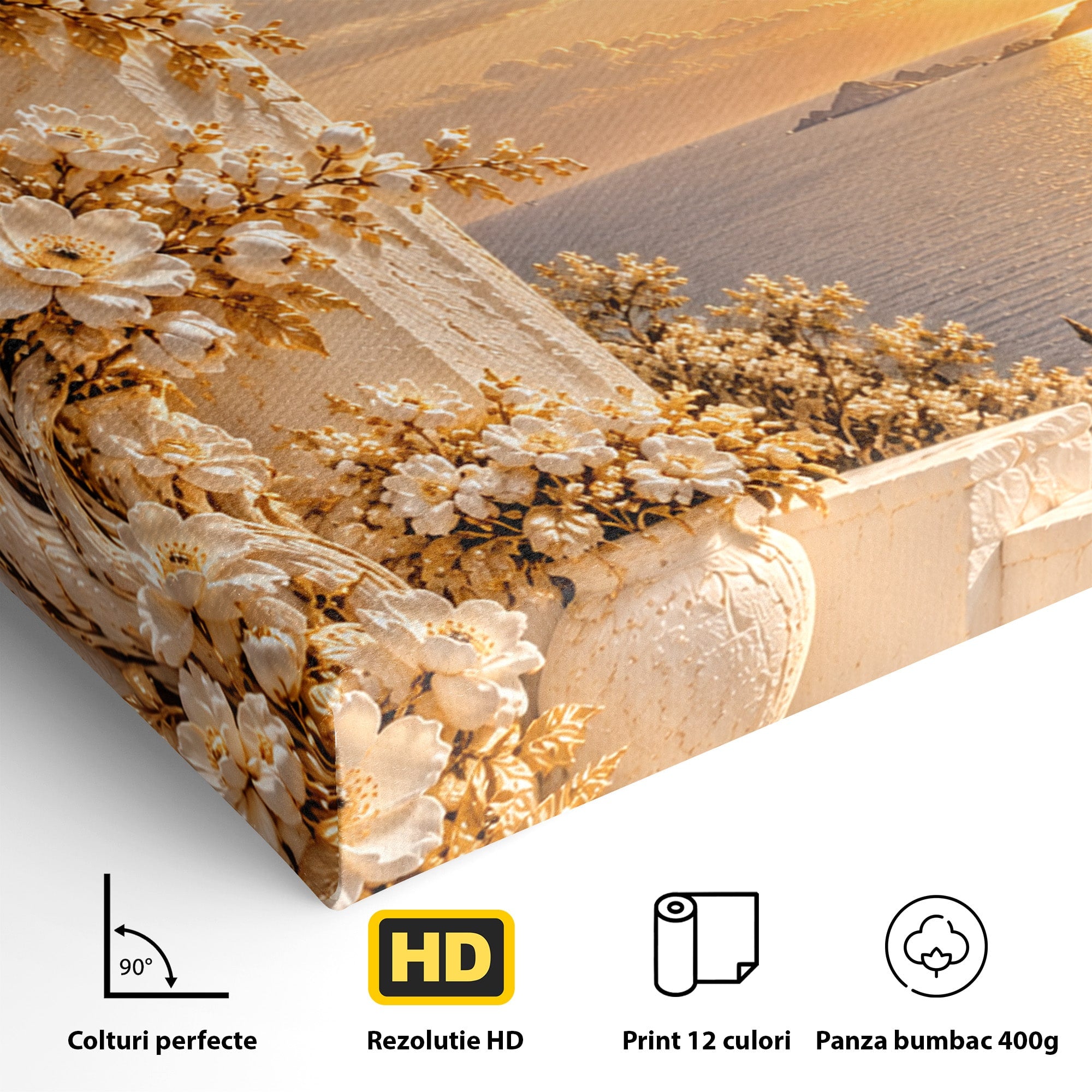 Tablou Canvas Premium LuxCanva® PI1428, Apus Mediteranean Cu Flori, Vacanta, Magie, Mediterranean, Peisaj, Culori Vibrante, Living, Dormitor