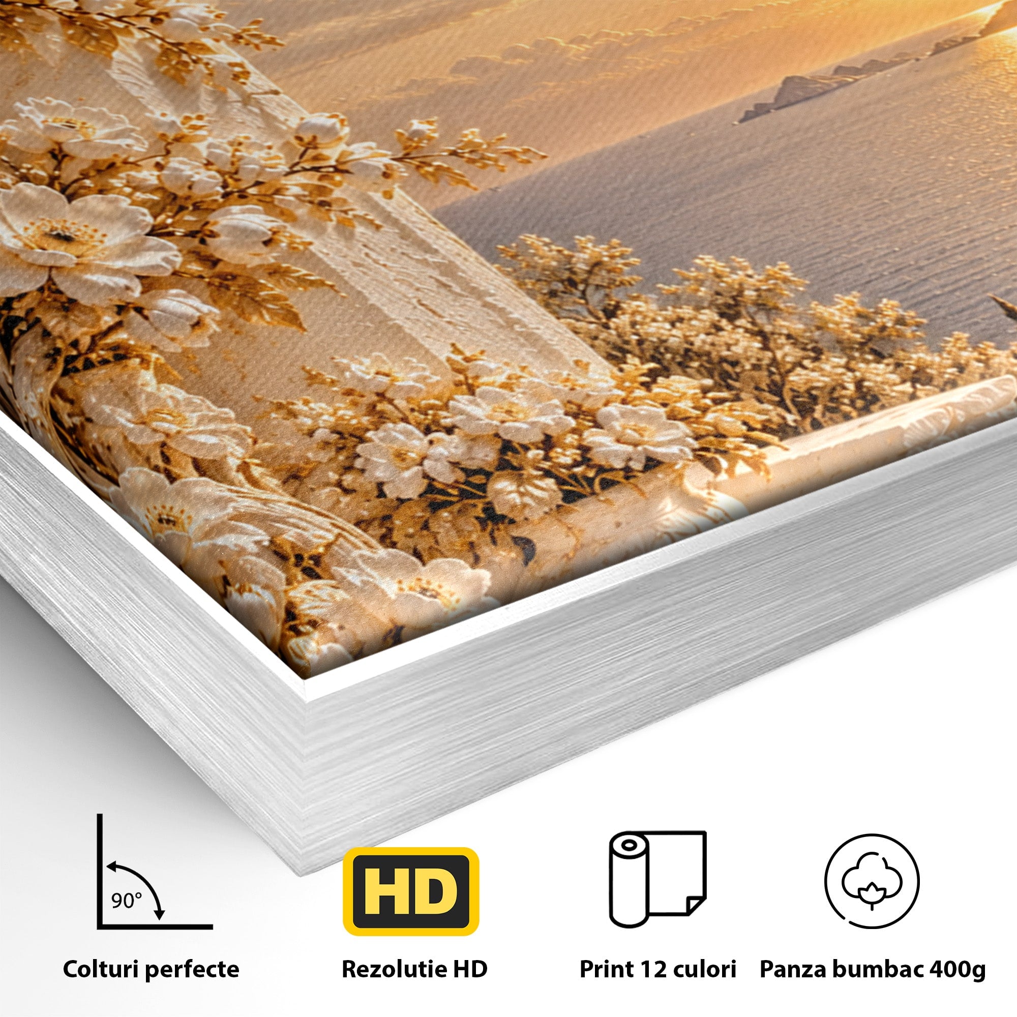 Tablou Canvas Premium LuxCanva® PI1428, Apus Mediteranean Cu Flori, Vacanta, Magie, Mediterranean, Peisaj, Culori Vibrante, Living, Dormitor