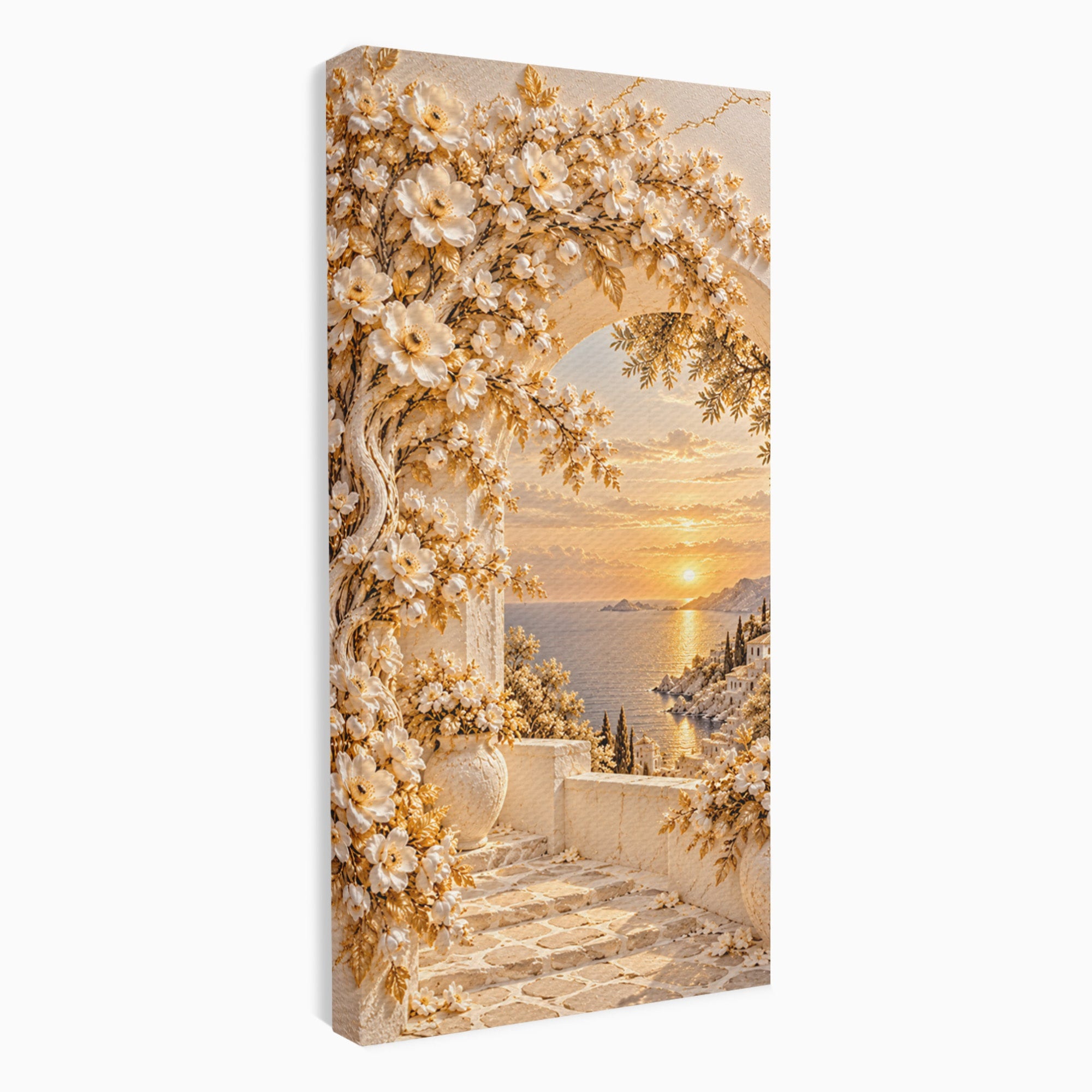 Tablou Canvas Premium LuxCanva® PI1428, Apus Mediteranean Cu Flori, Vacanta, Magie, Mediterranean, Peisaj, Culori Vibrante, Living, Dormitor