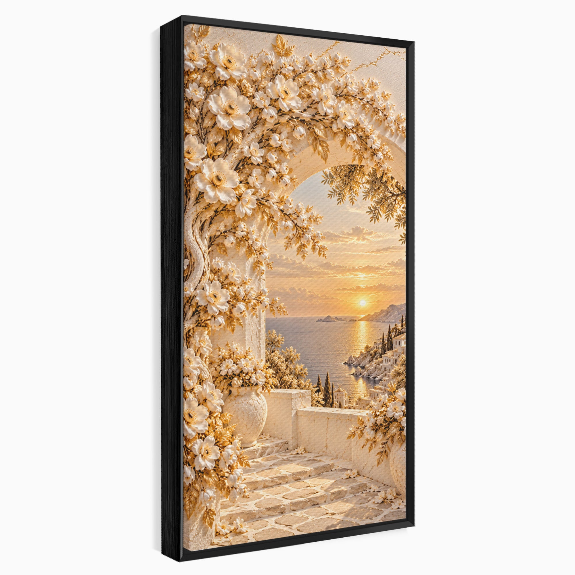 Tablou Canvas Premium LuxCanva® PI1428, Apus Mediteranean Cu Flori, Vacanta, Magie, Mediterranean, Peisaj, Culori Vibrante, Living, Dormitor