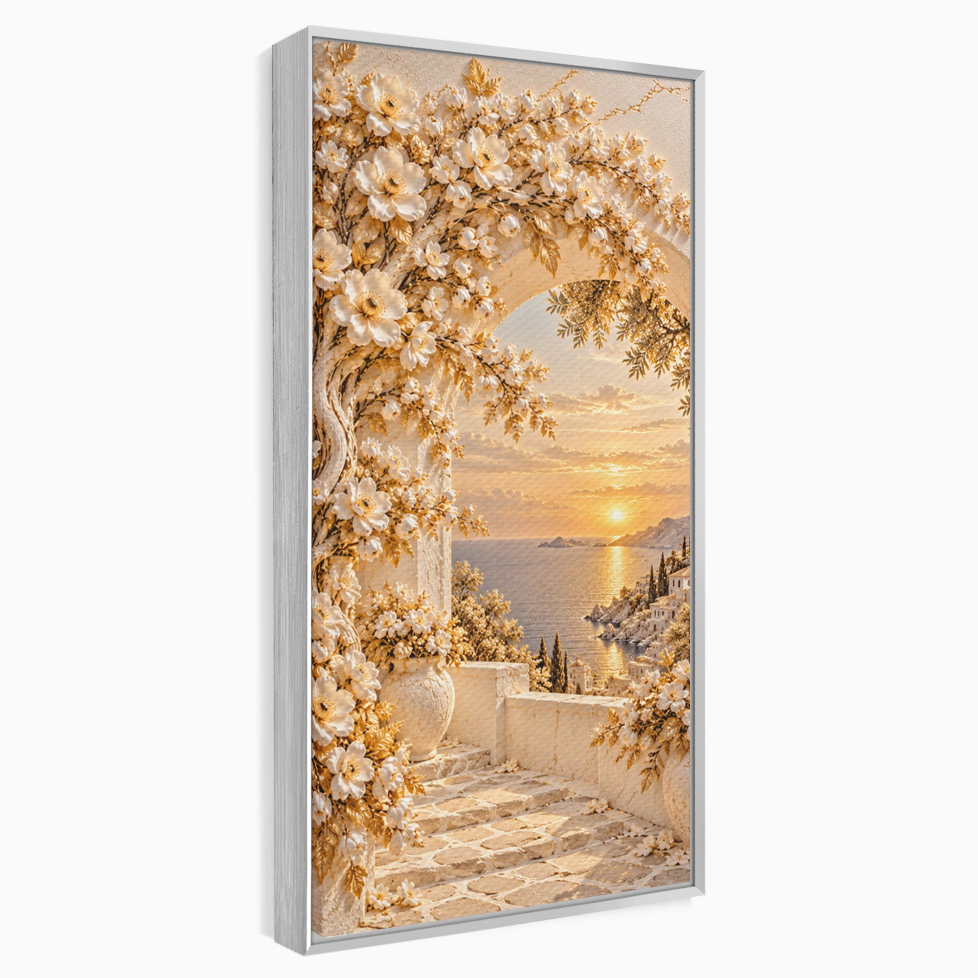 Tablou Canvas Premium LuxCanva® PI1428, Apus Mediteranean Cu Flori, Vacanta, Magie, Mediterranean, Peisaj, Culori Vibrante, Living, Dormitor