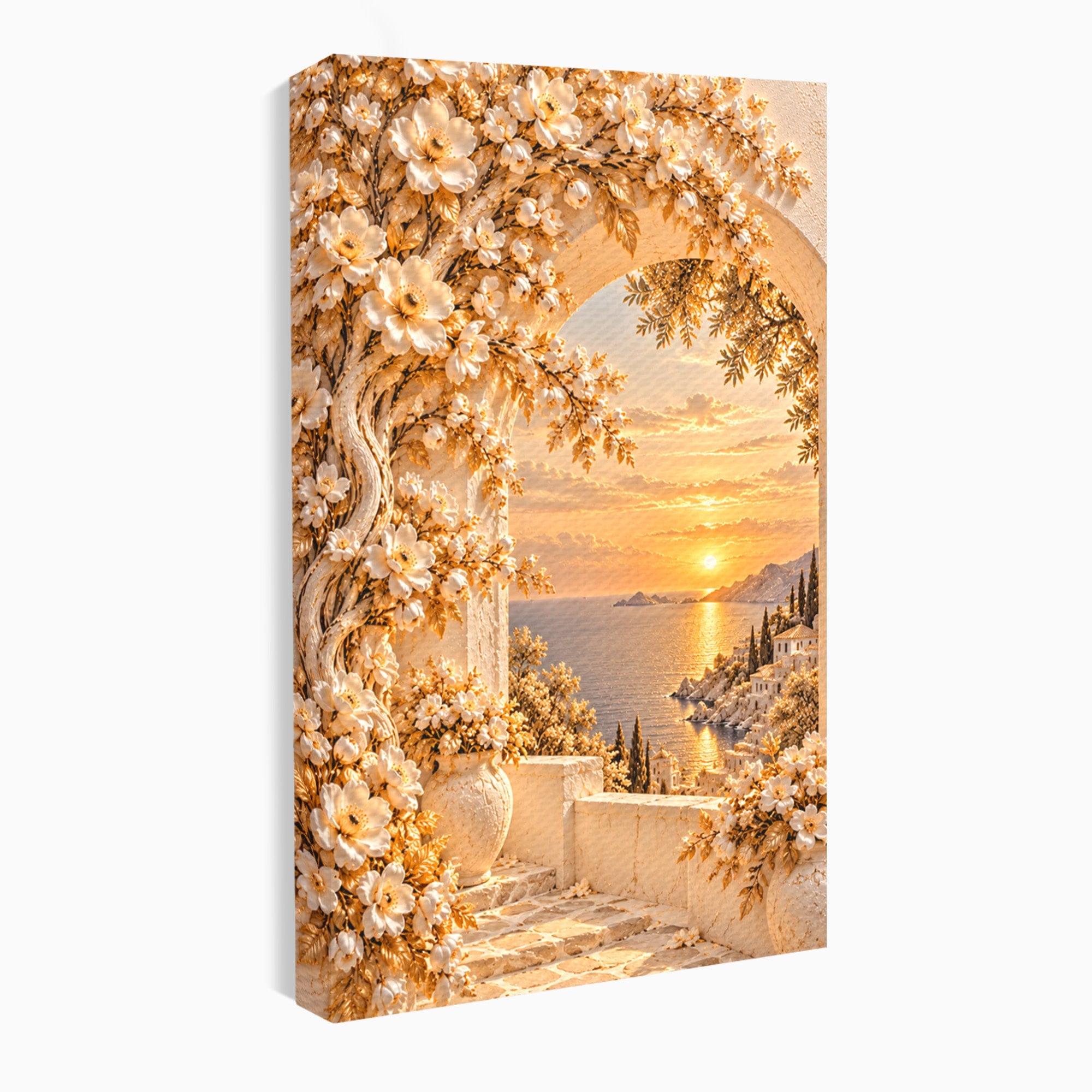 Tablou Canvas Premium LuxCanva® PI1428, Apus Mediteranean Cu Flori, Vacanta, Magie, Mediterranean, Peisaj, Culori Vibrante, Living, Dormitor