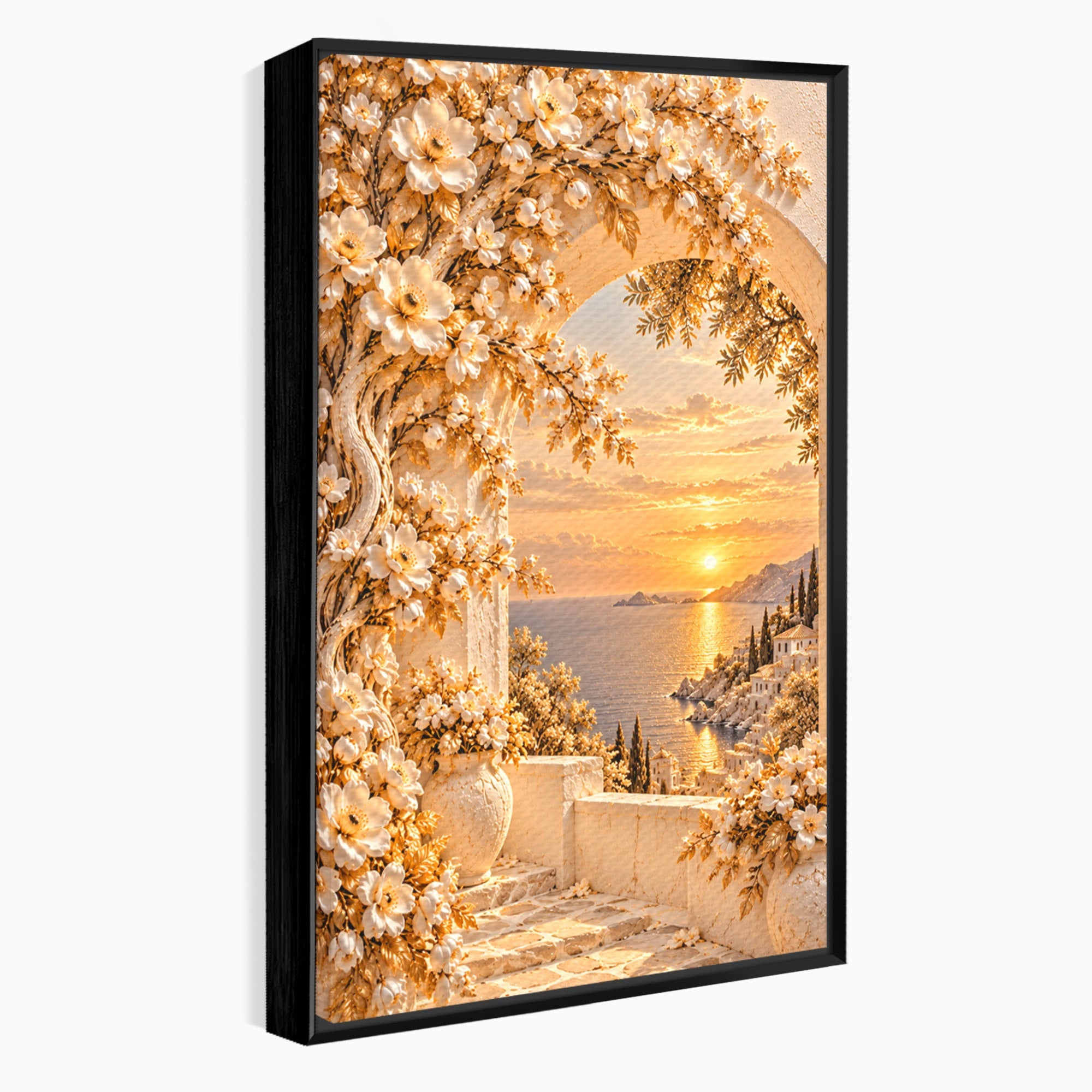 Tablou Canvas Premium LuxCanva® PI1428, Apus Mediteranean Cu Flori, Vacanta, Magie, Mediterranean, Peisaj, Culori Vibrante, Living, Dormitor