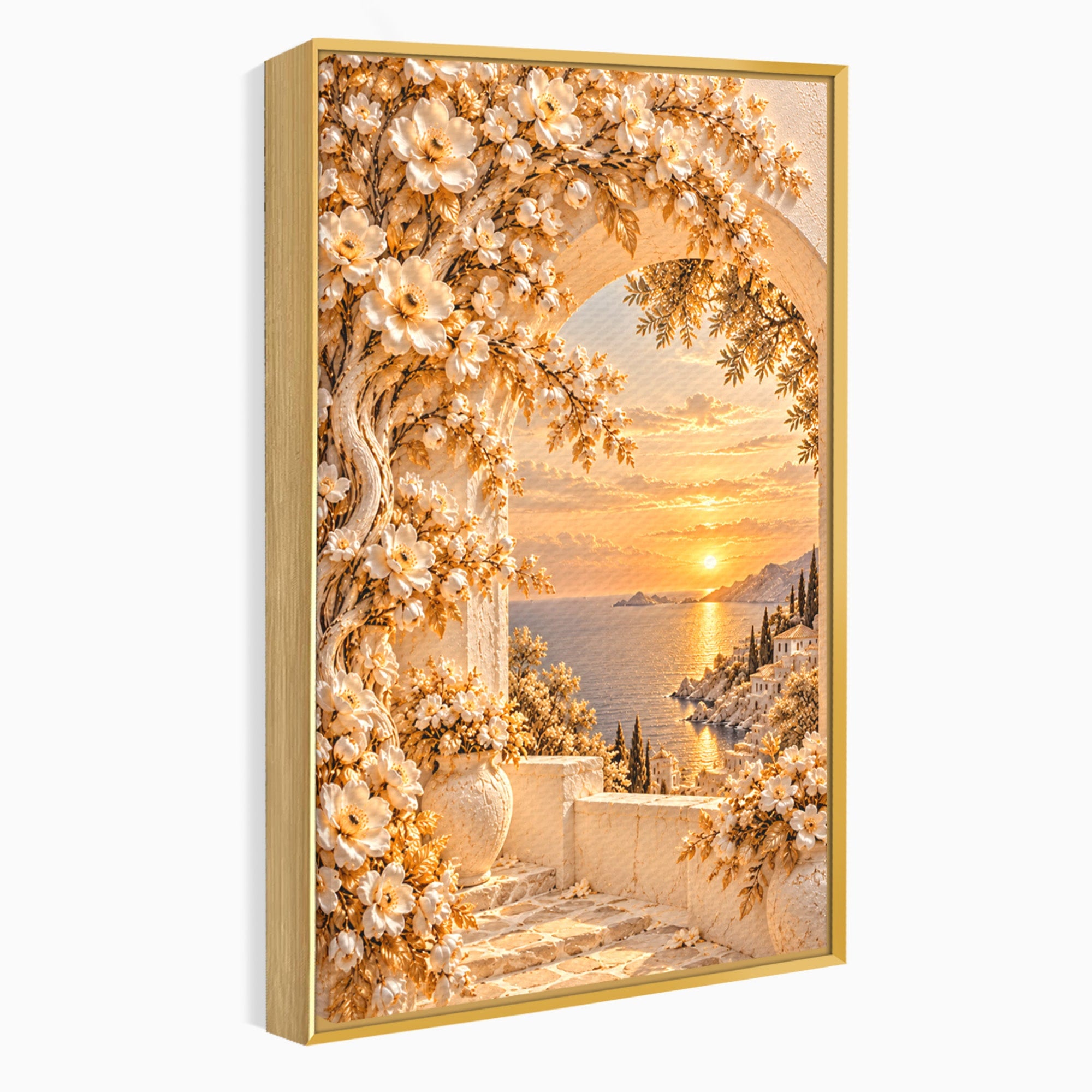 Tablou Canvas Premium LuxCanva® PI1428, Apus Mediteranean Cu Flori, Vacanta, Magie, Mediterranean, Peisaj, Culori Vibrante, Living, Dormitor
