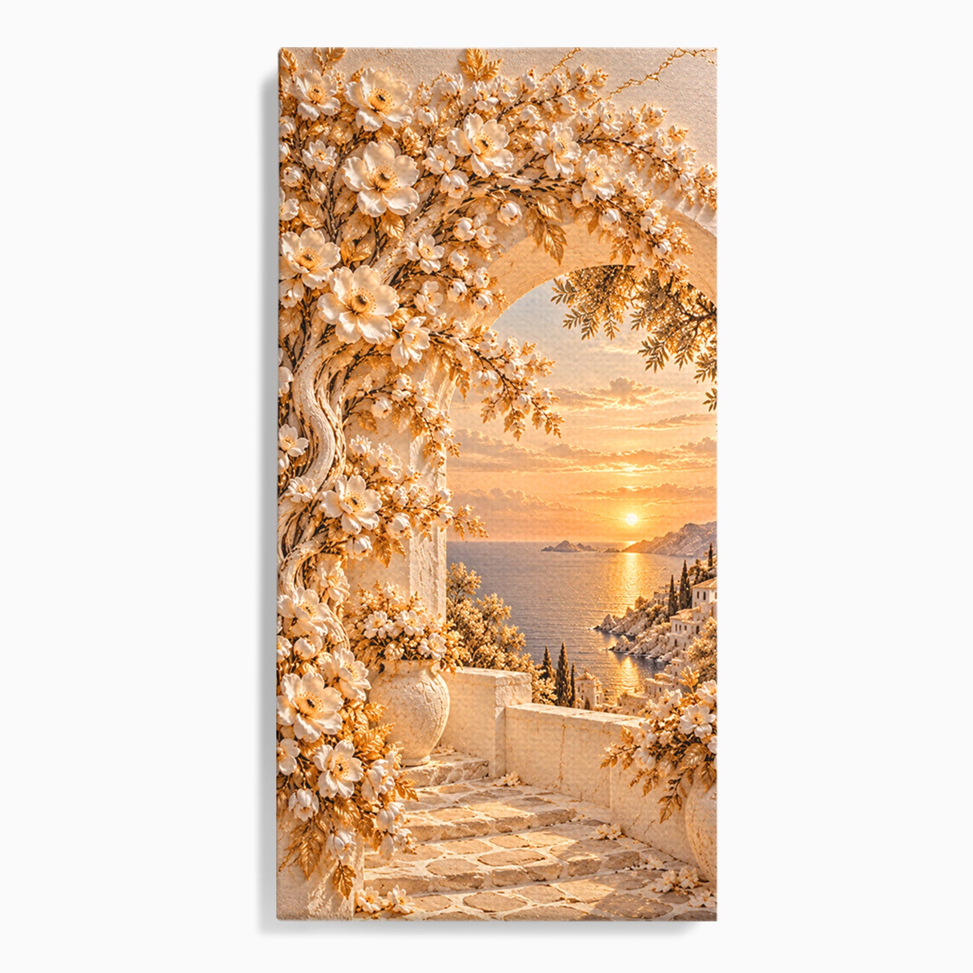Tablou Canvas Premium LuxCanva® PI1428, Apus Mediteranean Cu Flori, Vacanta, Magie, Mediterranean, Peisaj, Culori Vibrante, Living, Dormitor