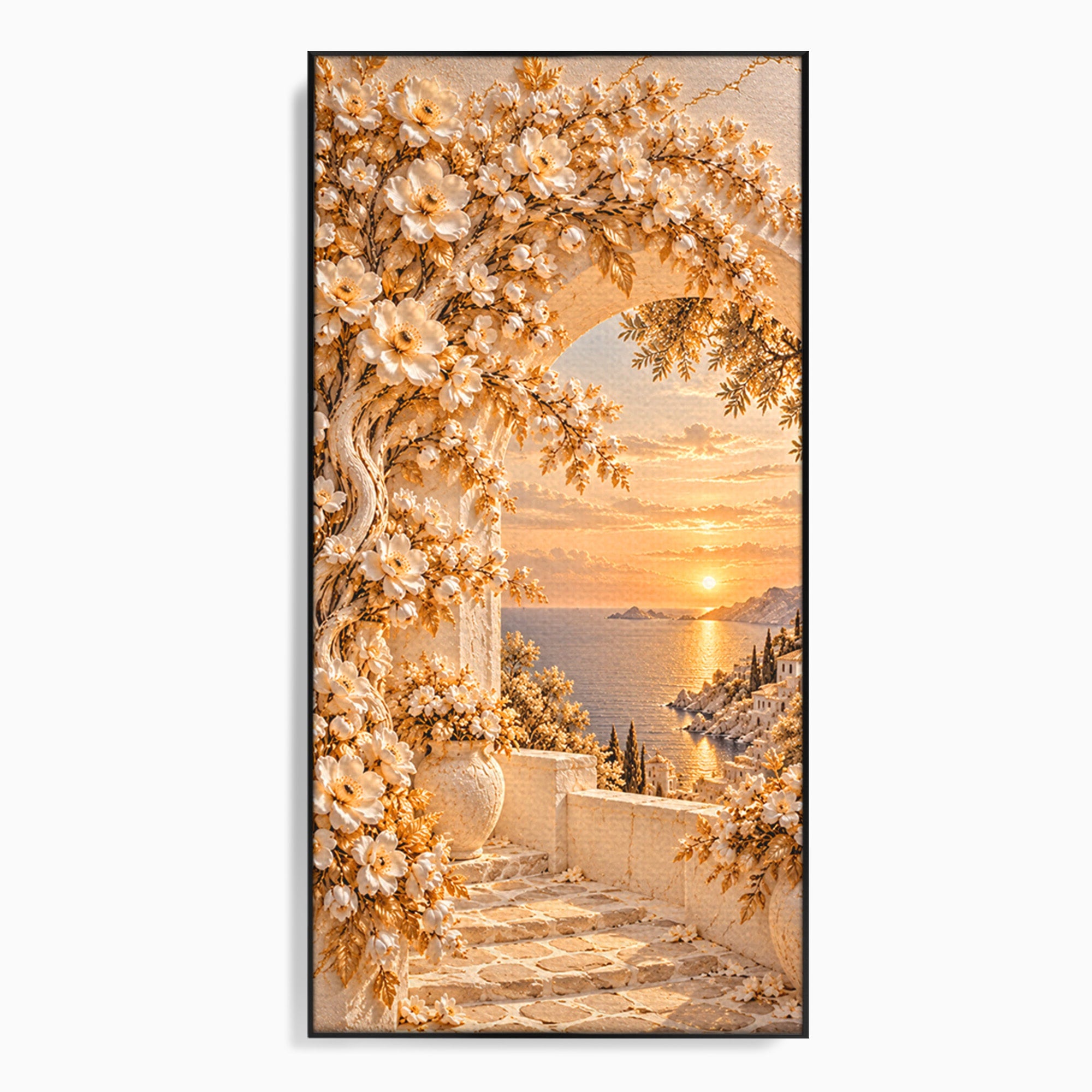Tablou Canvas Premium LuxCanva® PI1428, Apus Mediteranean Cu Flori, Vacanta, Magie, Mediterranean, Peisaj, Culori Vibrante, Living, Dormitor