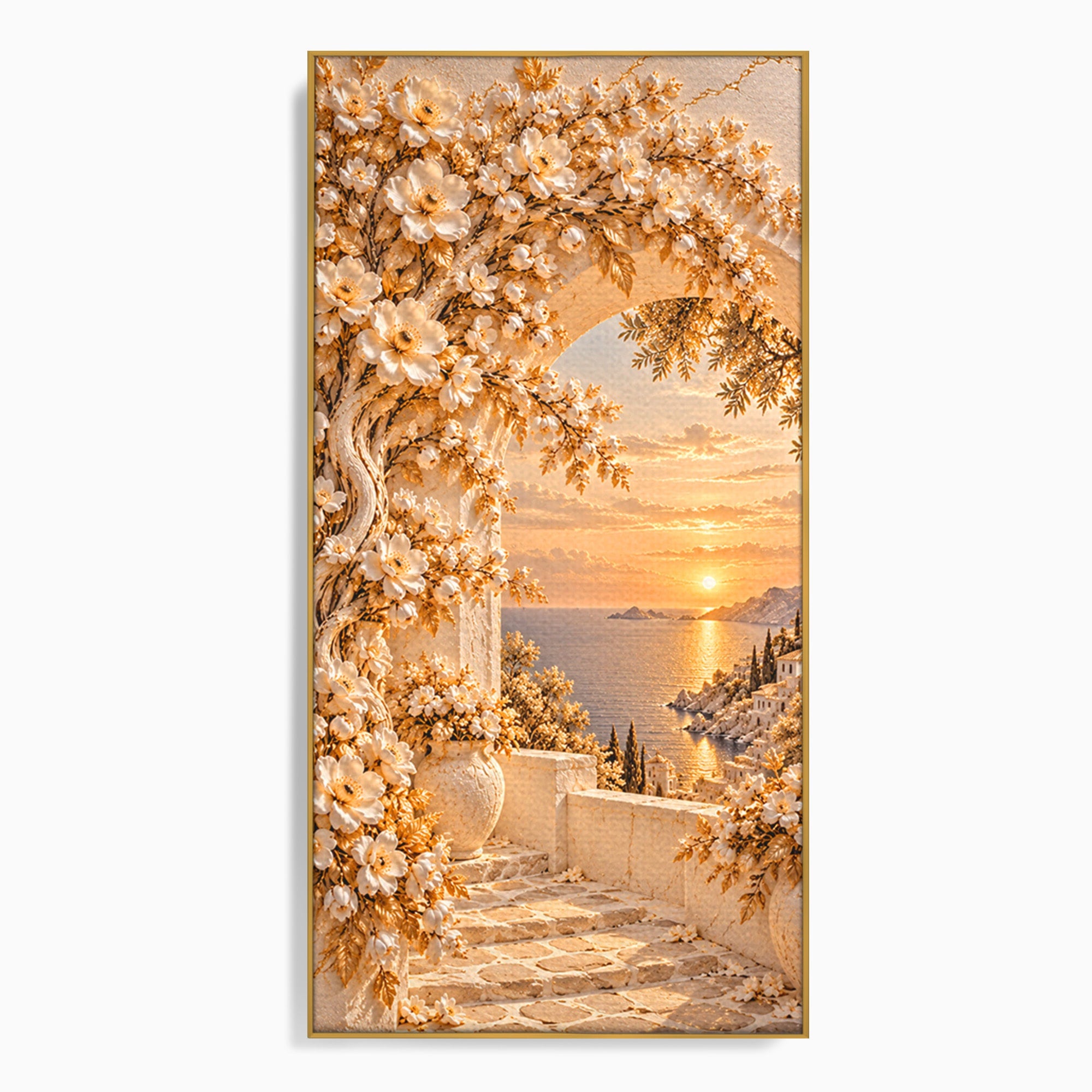Tablou Canvas Premium LuxCanva® PI1428, Apus Mediteranean Cu Flori, Vacanta, Magie, Mediterranean, Peisaj, Culori Vibrante, Living, Dormitor