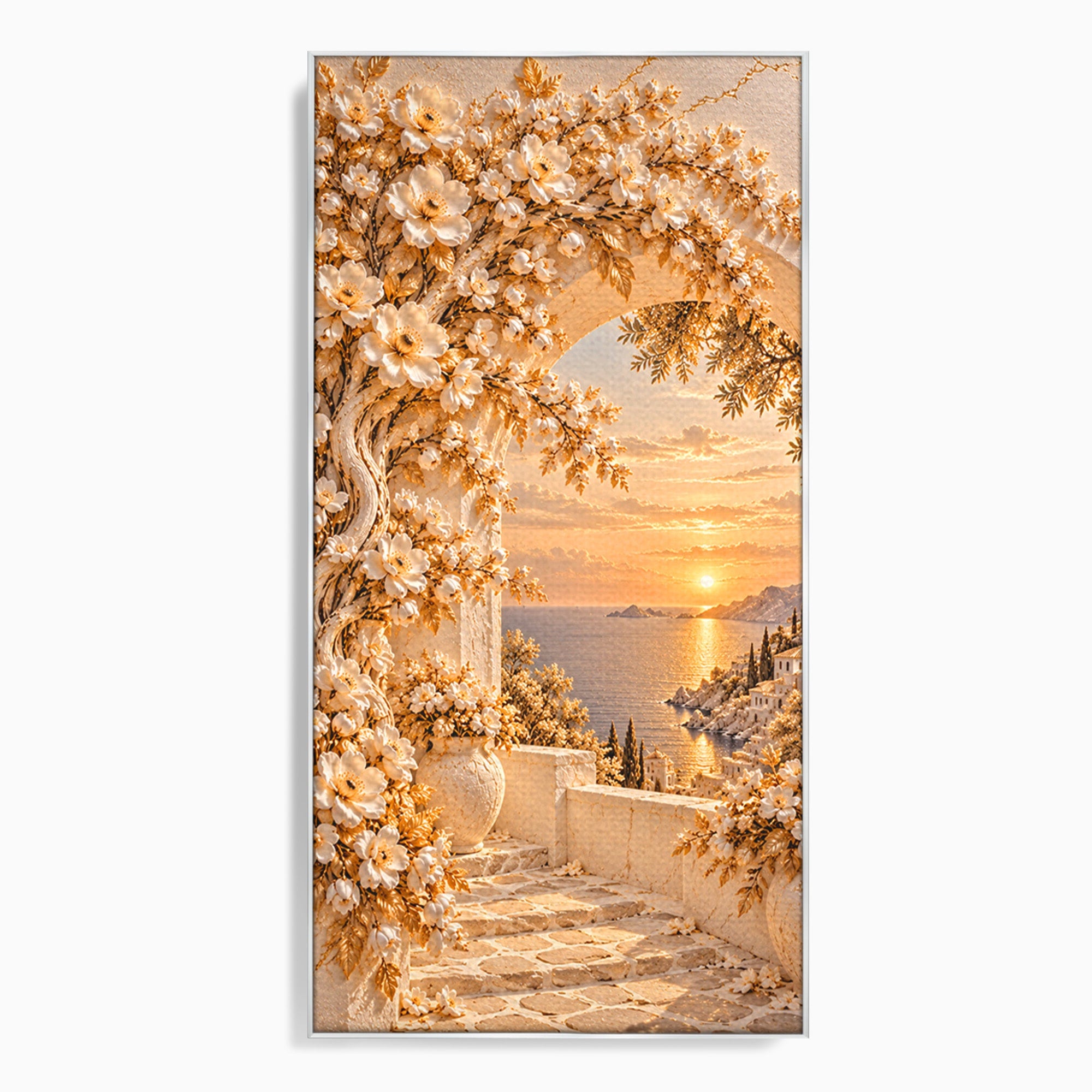 Tablou Canvas Premium LuxCanva® PI1428, Apus Mediteranean Cu Flori, Vacanta, Magie, Mediterranean, Peisaj, Culori Vibrante, Living, Dormitor