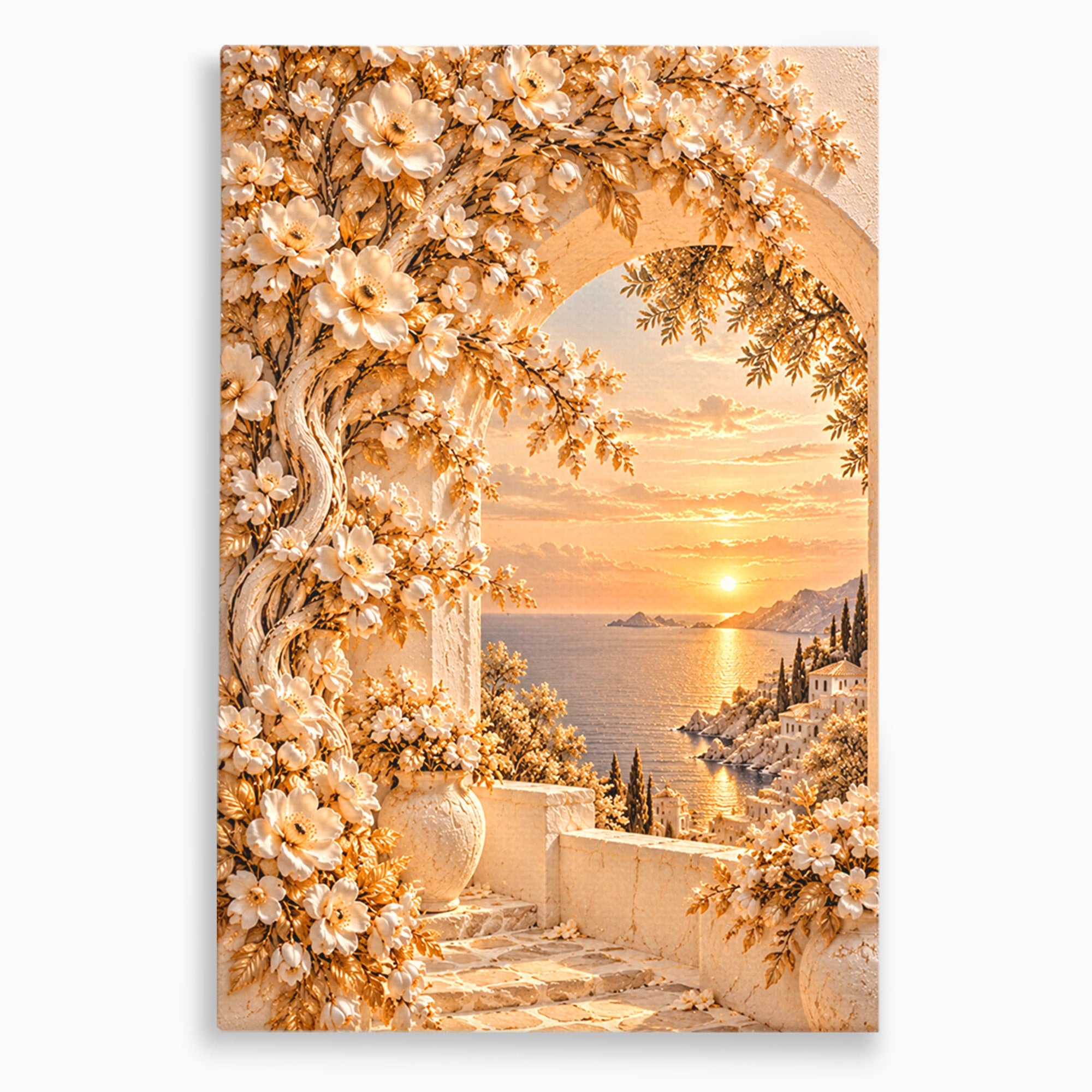 Tablou Canvas Premium LuxCanva® PI1428, Apus Mediteranean Cu Flori, Vacanta, Magie, Mediterranean, Peisaj, Culori Vibrante, Living, Dormitor