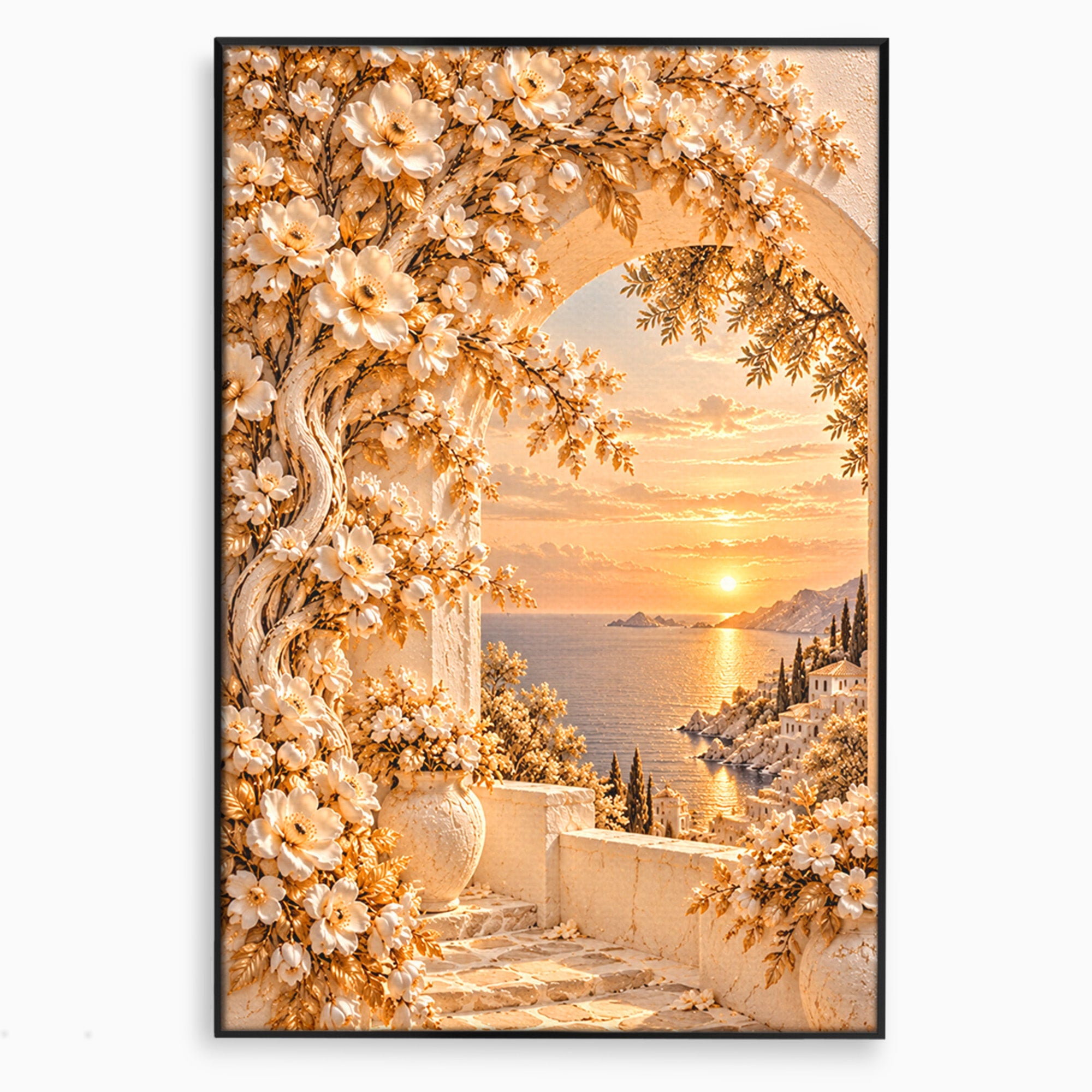 Tablou Canvas Premium LuxCanva® PI1428, Apus Mediteranean Cu Flori, Vacanta, Magie, Mediterranean, Peisaj, Culori Vibrante, Living, Dormitor