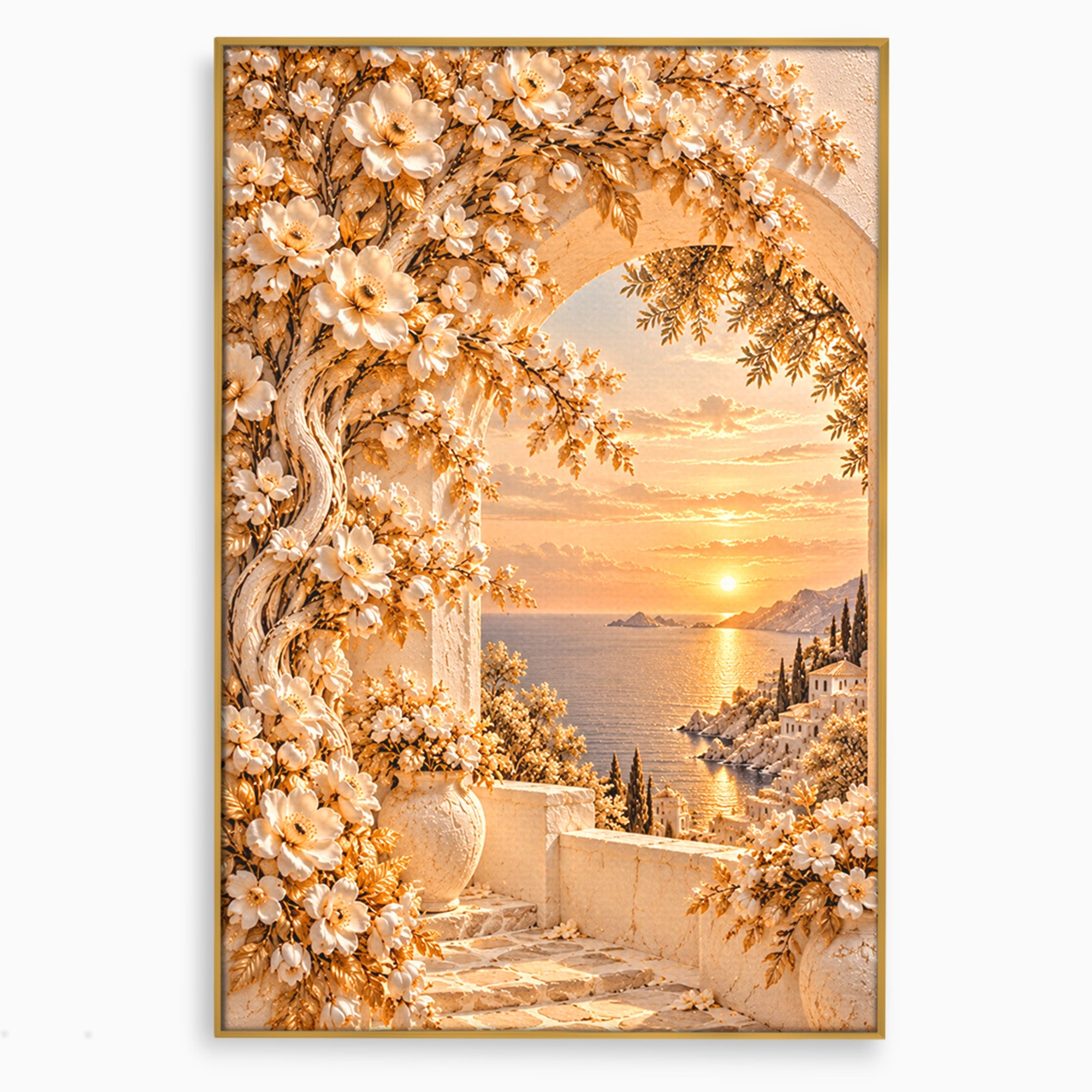 Tablou Canvas Premium LuxCanva® PI1428, Apus Mediteranean Cu Flori, Vacanta, Magie, Mediterranean, Peisaj, Culori Vibrante, Living, Dormitor