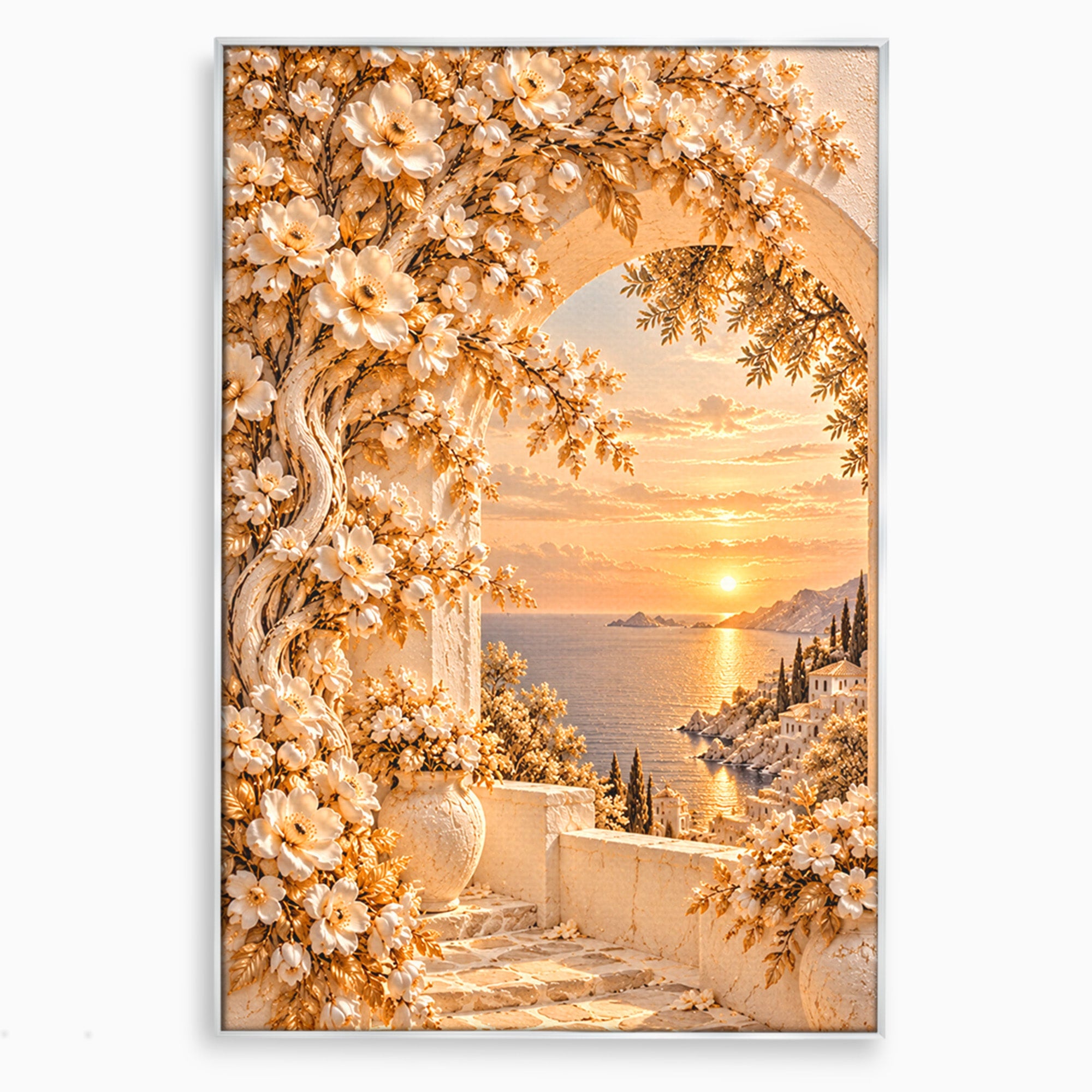 Tablou Canvas Premium LuxCanva® PI1428, Apus Mediteranean Cu Flori, Vacanta, Magie, Mediterranean, Peisaj, Culori Vibrante, Living, Dormitor