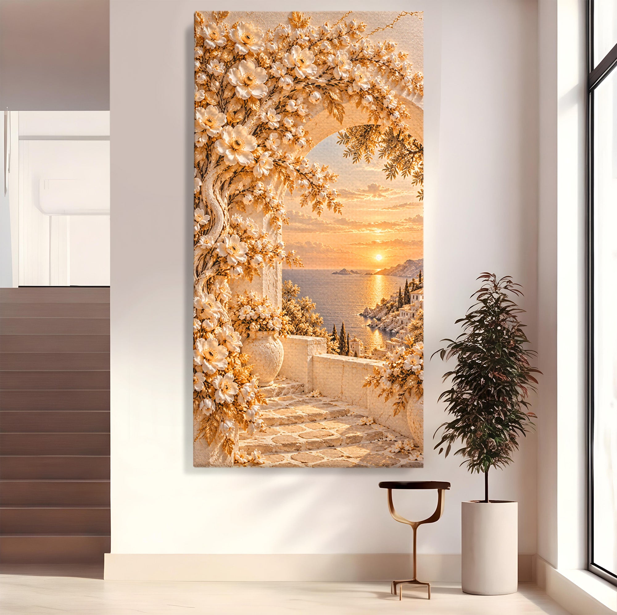 Tablou Canvas Premium LuxCanva® PI1428, Apus Mediteranean Cu Flori, Vacanta, Magie, Mediterranean, Peisaj, Culori Vibrante, Living, Dormitor