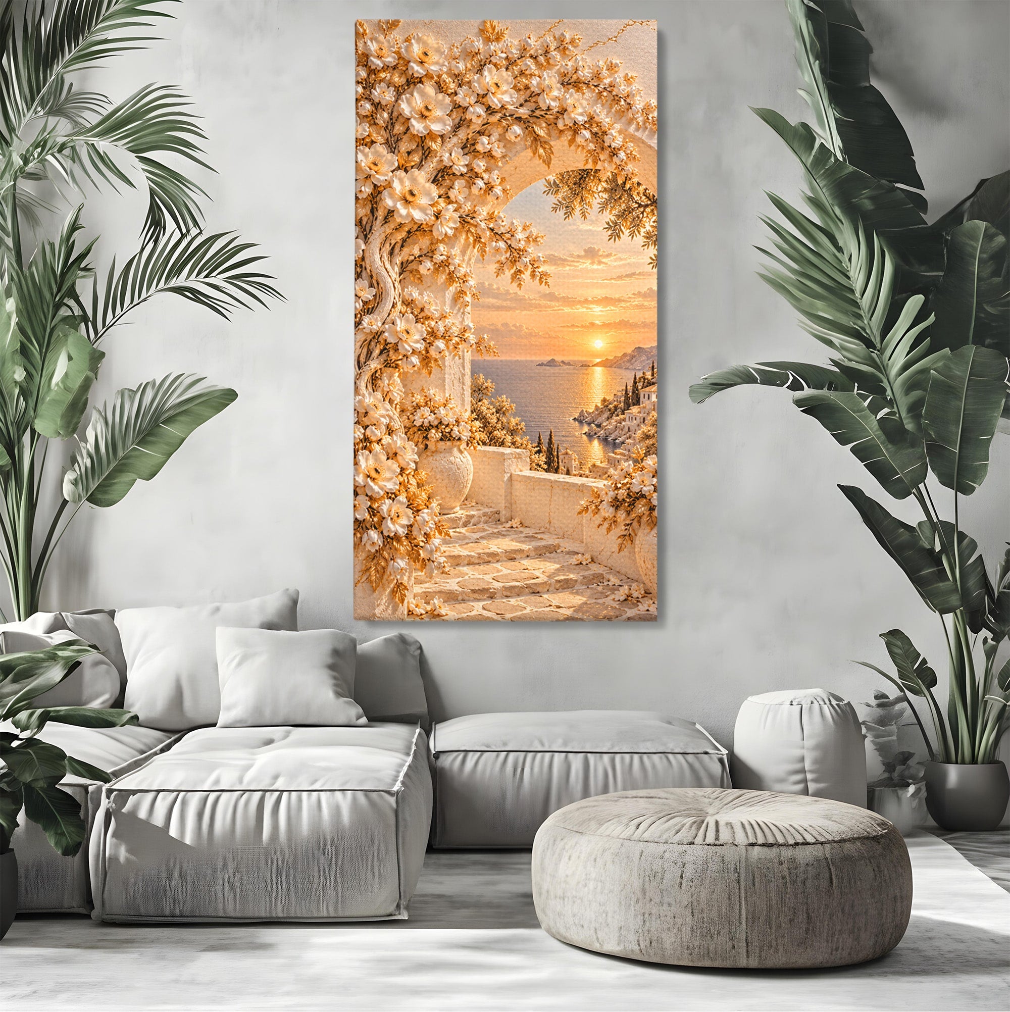 Tablou Canvas Premium LuxCanva® PI1428, Apus Mediteranean Cu Flori, Vacanta, Magie, Mediterranean, Peisaj, Culori Vibrante, Living, Dormitor