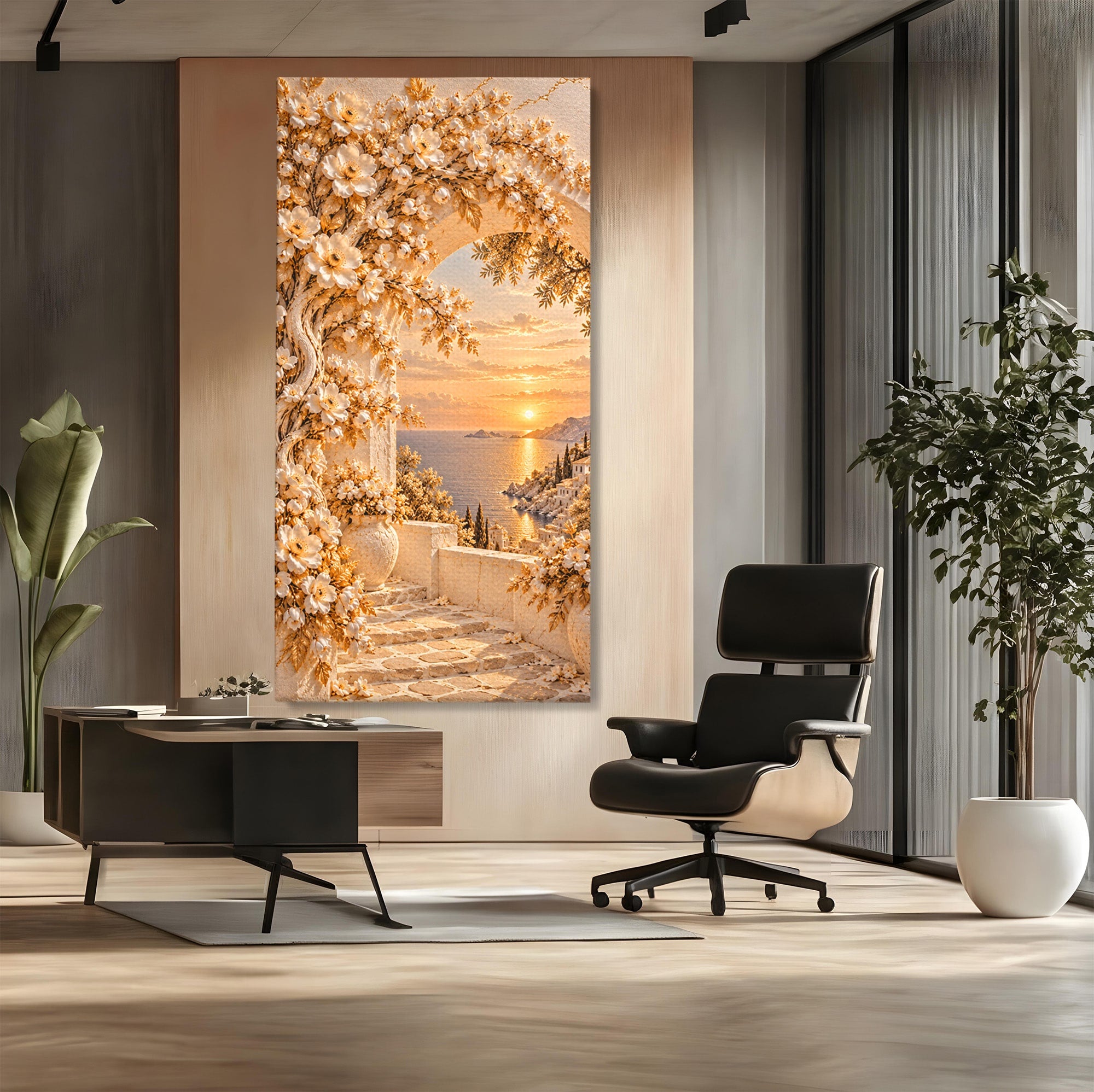 Tablou Canvas Premium LuxCanva® PI1428, Apus Mediteranean Cu Flori, Vacanta, Magie, Mediterranean, Peisaj, Culori Vibrante, Living, Dormitor