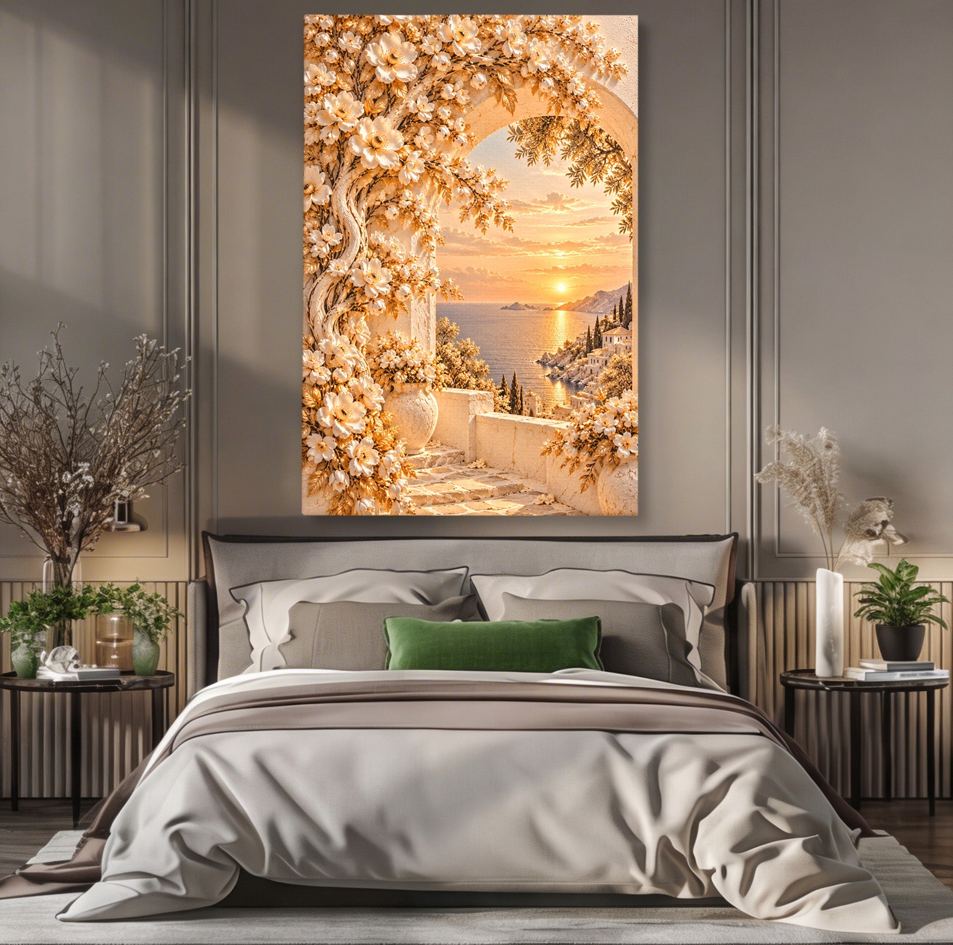 Tablou Canvas Premium LuxCanva® PI1428, Apus Mediteranean Cu Flori, Vacanta, Magie, Mediterranean, Peisaj, Culori Vibrante, Living, Dormitor