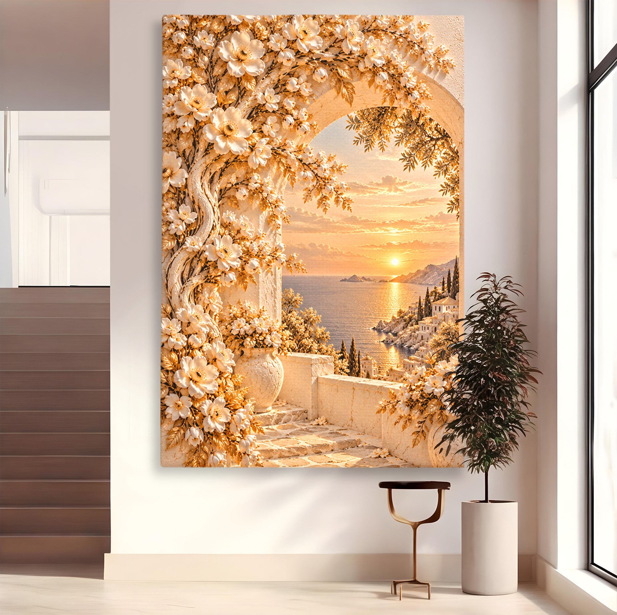 Tablou Canvas Premium LuxCanva® PI1428, Apus Mediteranean Cu Flori, Vacanta, Magie, Mediterranean, Peisaj, Culori Vibrante, Living, Dormitor