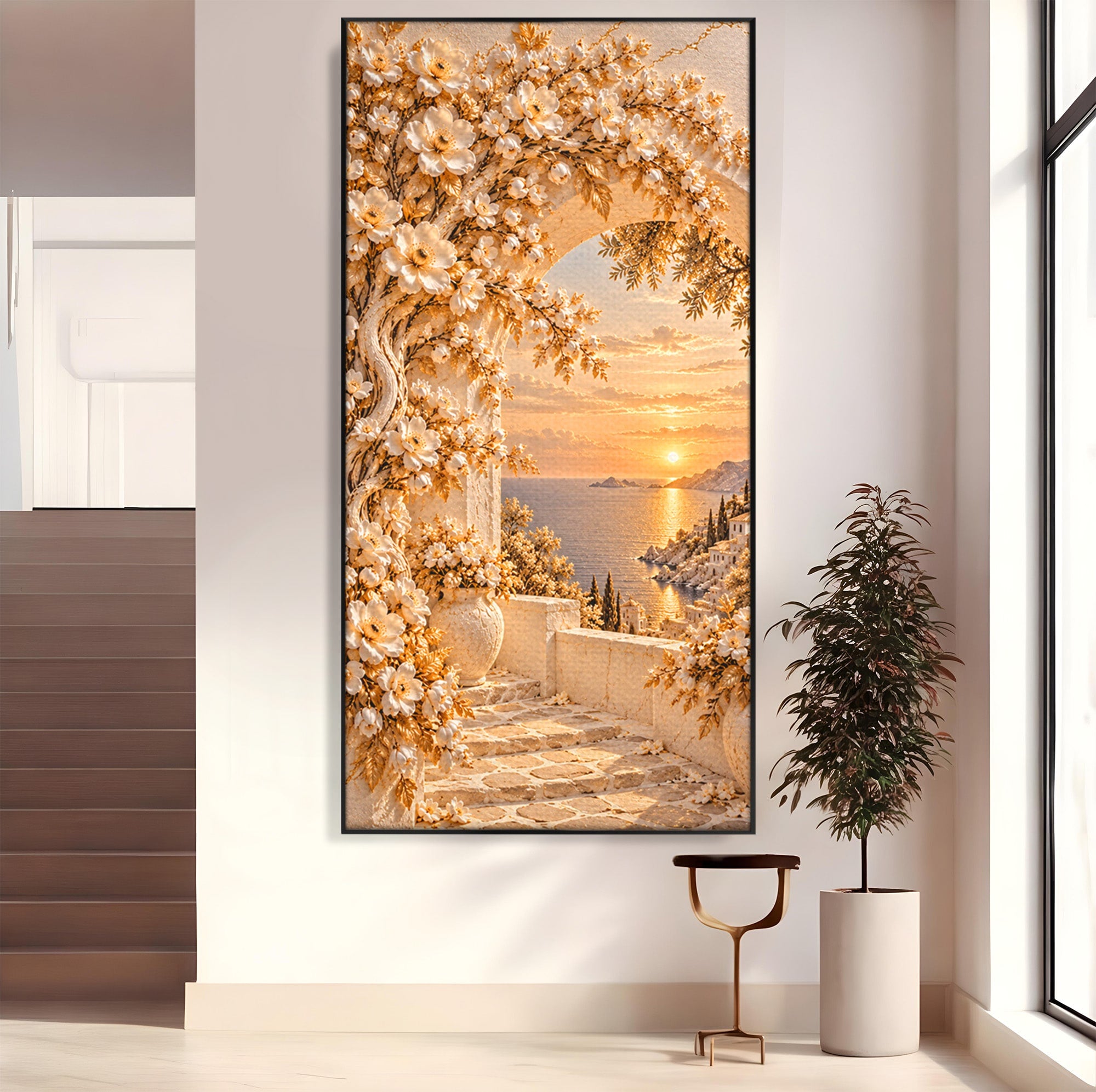 Tablou Canvas Premium LuxCanva® PI1428, Apus Mediteranean Cu Flori, Vacanta, Magie, Mediterranean, Peisaj, Culori Vibrante, Living, Dormitor