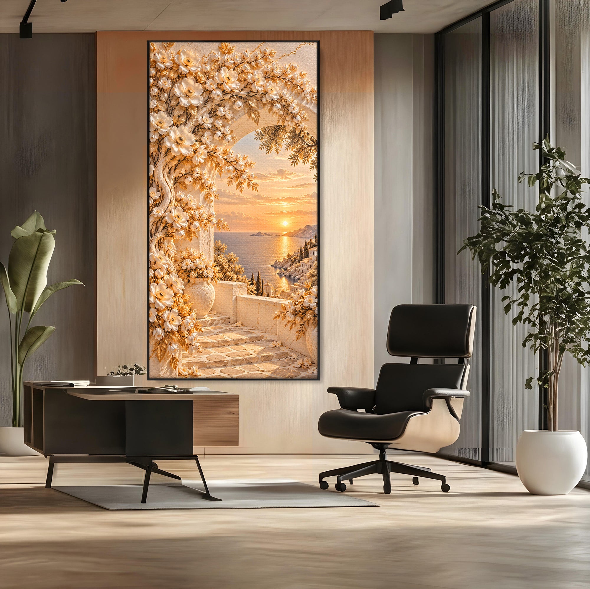 Tablou Canvas Premium LuxCanva® PI1428, Apus Mediteranean Cu Flori, Vacanta, Magie, Mediterranean, Peisaj, Culori Vibrante, Living, Dormitor