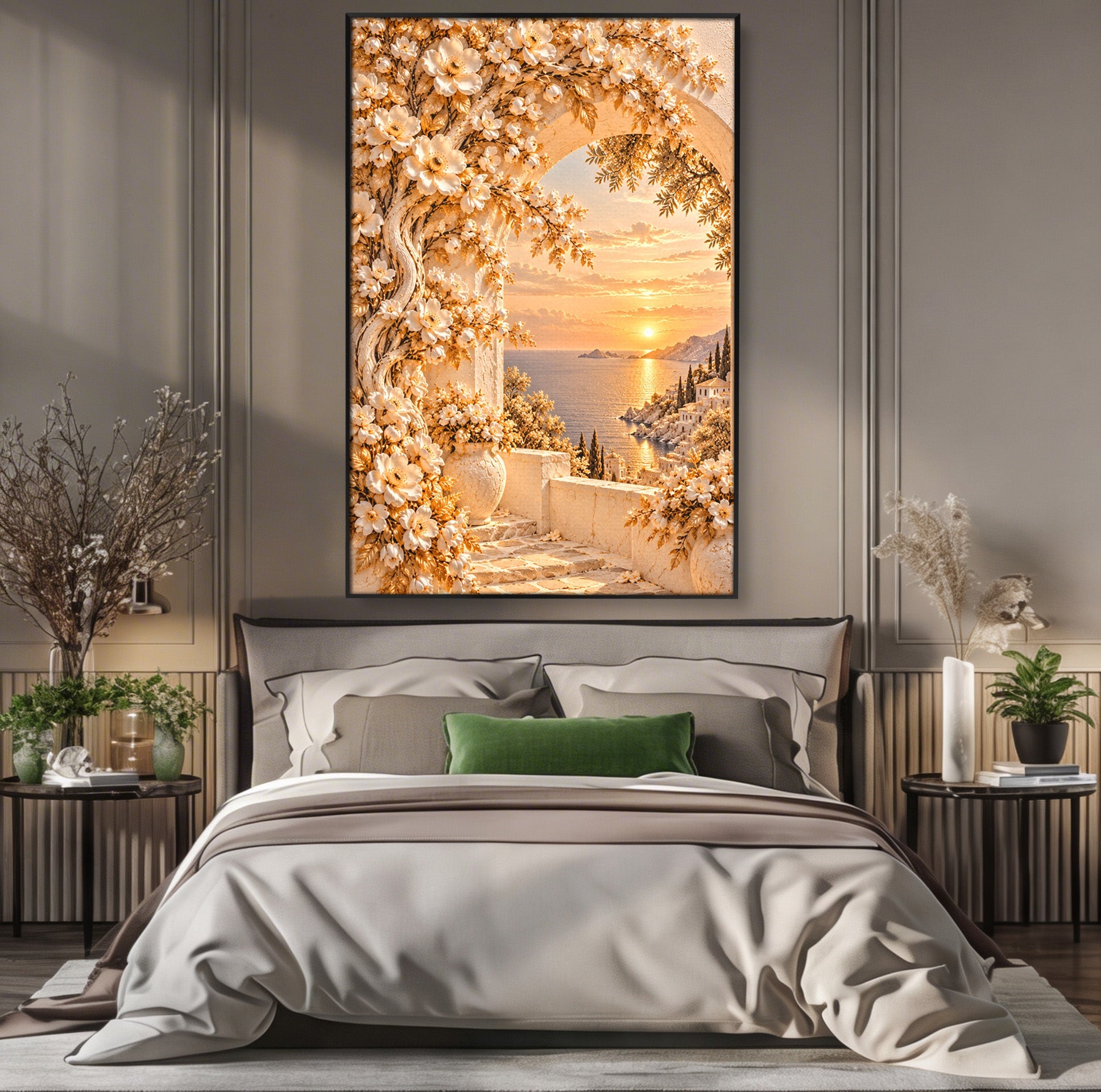 Tablou Canvas Premium LuxCanva® PI1428, Apus Mediteranean Cu Flori, Vacanta, Magie, Mediterranean, Peisaj, Culori Vibrante, Living, Dormitor