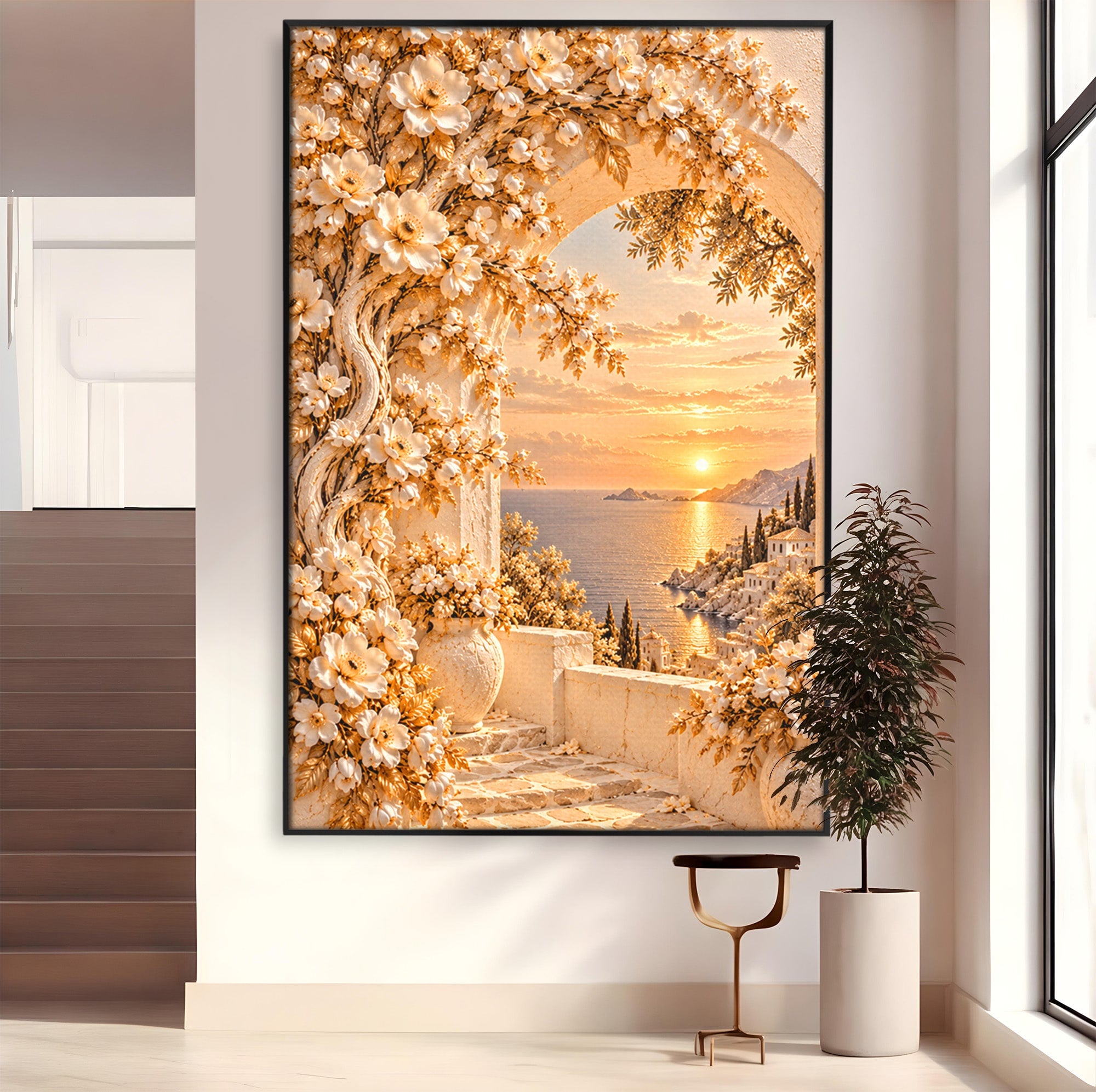 Tablou Canvas Premium LuxCanva® PI1428, Apus Mediteranean Cu Flori, Vacanta, Magie, Mediterranean, Peisaj, Culori Vibrante, Living, Dormitor