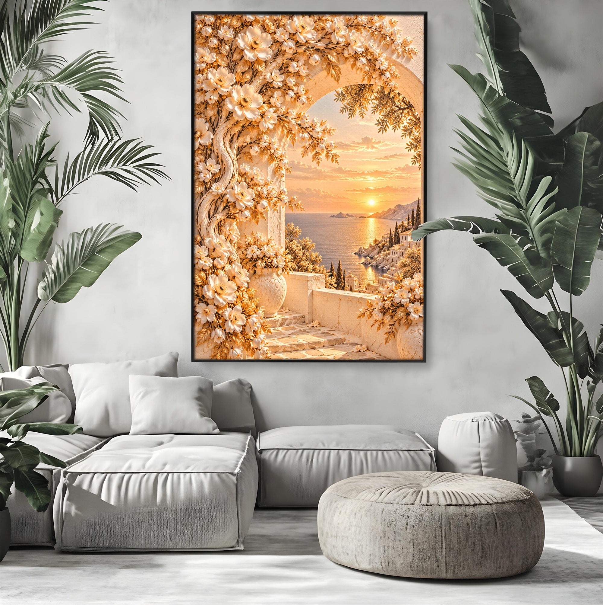 Tablou Canvas Premium LuxCanva® PI1428, Apus Mediteranean Cu Flori, Vacanta, Magie, Mediterranean, Peisaj, Culori Vibrante, Living, Dormitor