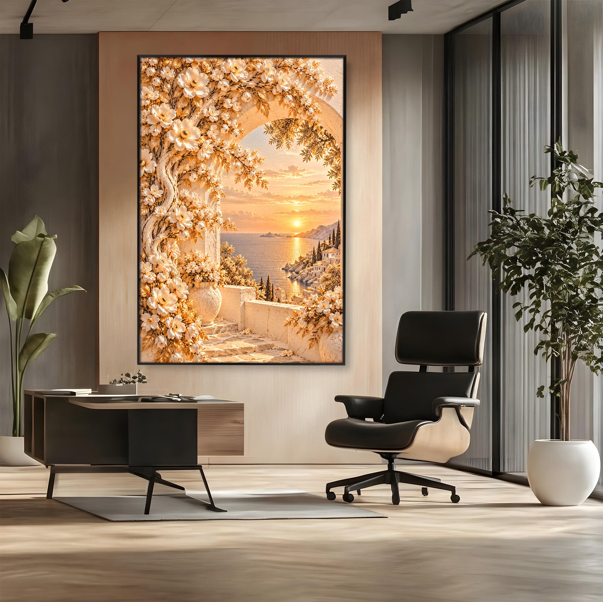 Tablou Canvas Premium LuxCanva® PI1428, Apus Mediteranean Cu Flori, Vacanta, Magie, Mediterranean, Peisaj, Culori Vibrante, Living, Dormitor