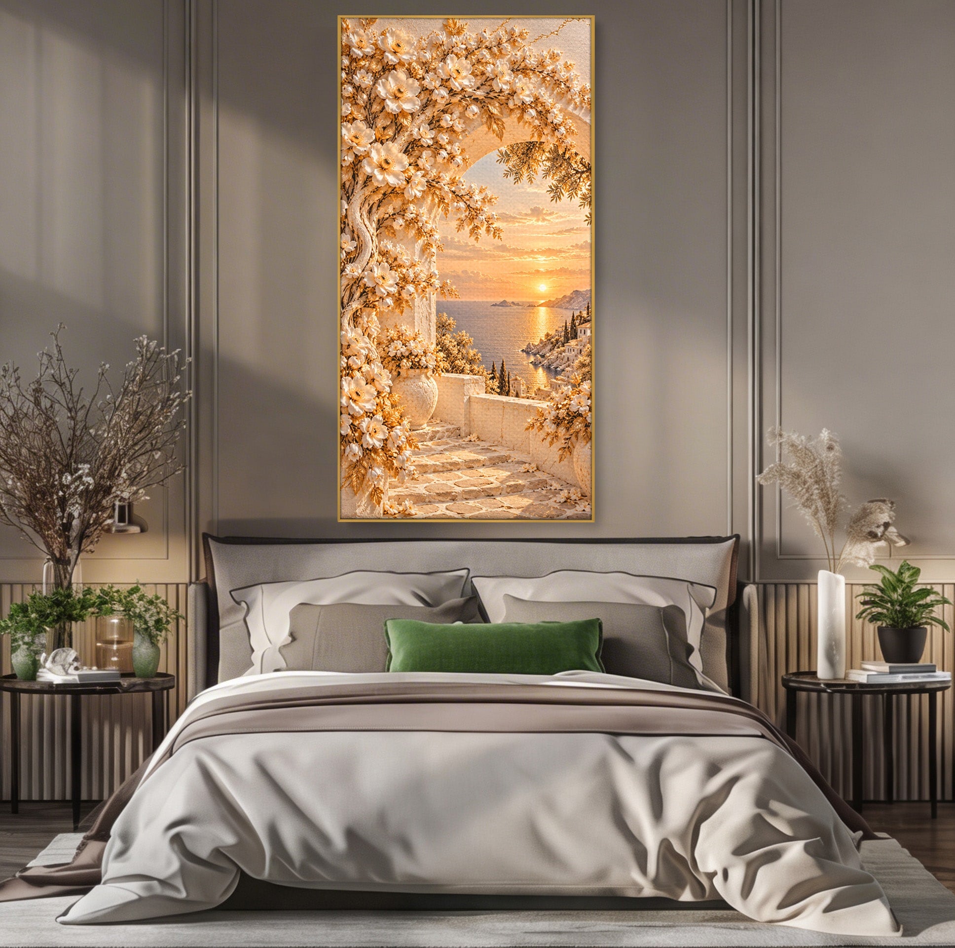 Tablou Canvas Premium LuxCanva® PI1428, Apus Mediteranean Cu Flori, Vacanta, Magie, Mediterranean, Peisaj, Culori Vibrante, Living, Dormitor
