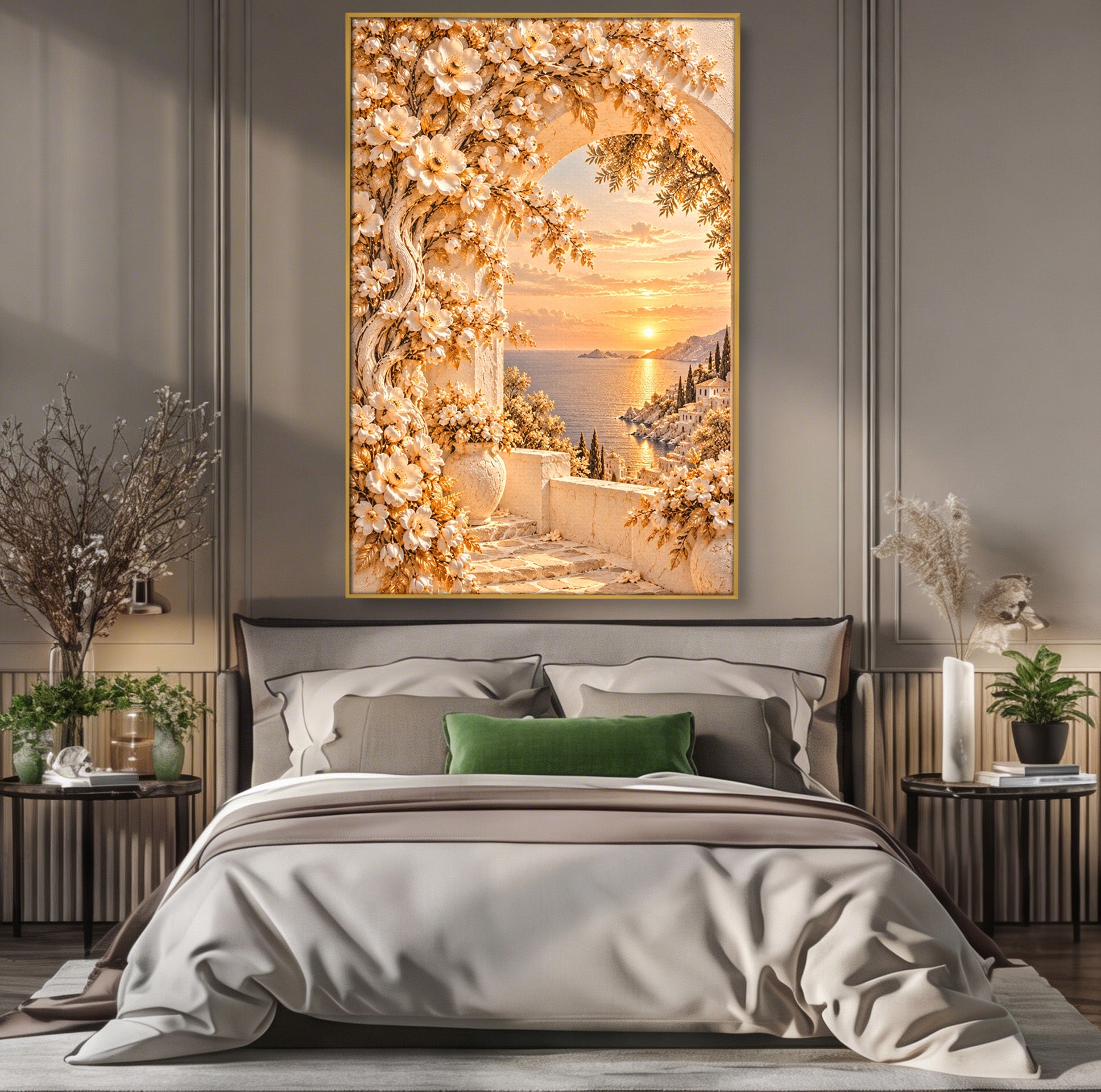 Tablou Canvas Premium LuxCanva® PI1428, Apus Mediteranean Cu Flori, Vacanta, Magie, Mediterranean, Peisaj, Culori Vibrante, Living, Dormitor
