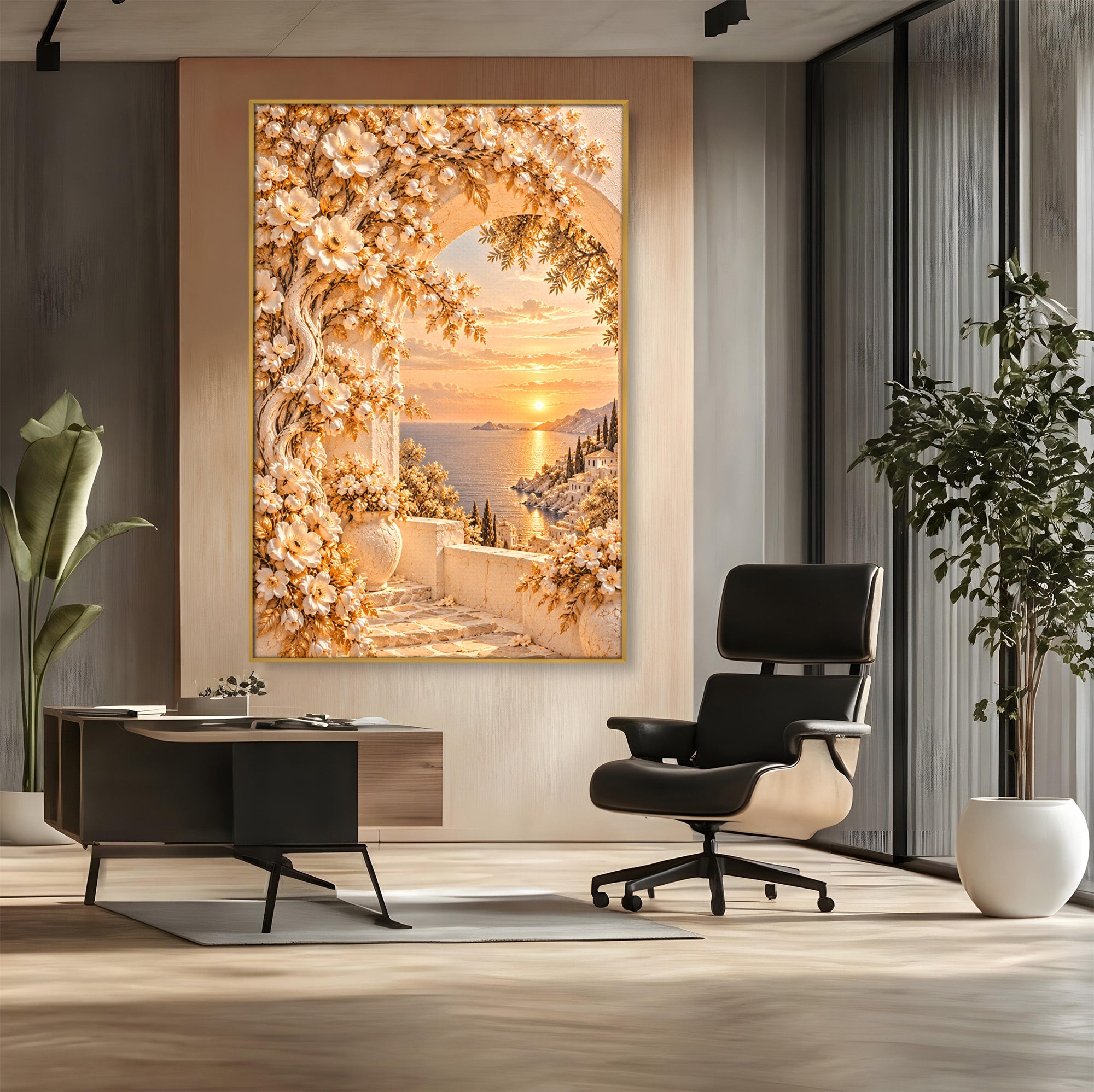 Tablou Canvas Premium LuxCanva® PI1428, Apus Mediteranean Cu Flori, Vacanta, Magie, Mediterranean, Peisaj, Culori Vibrante, Living, Dormitor
