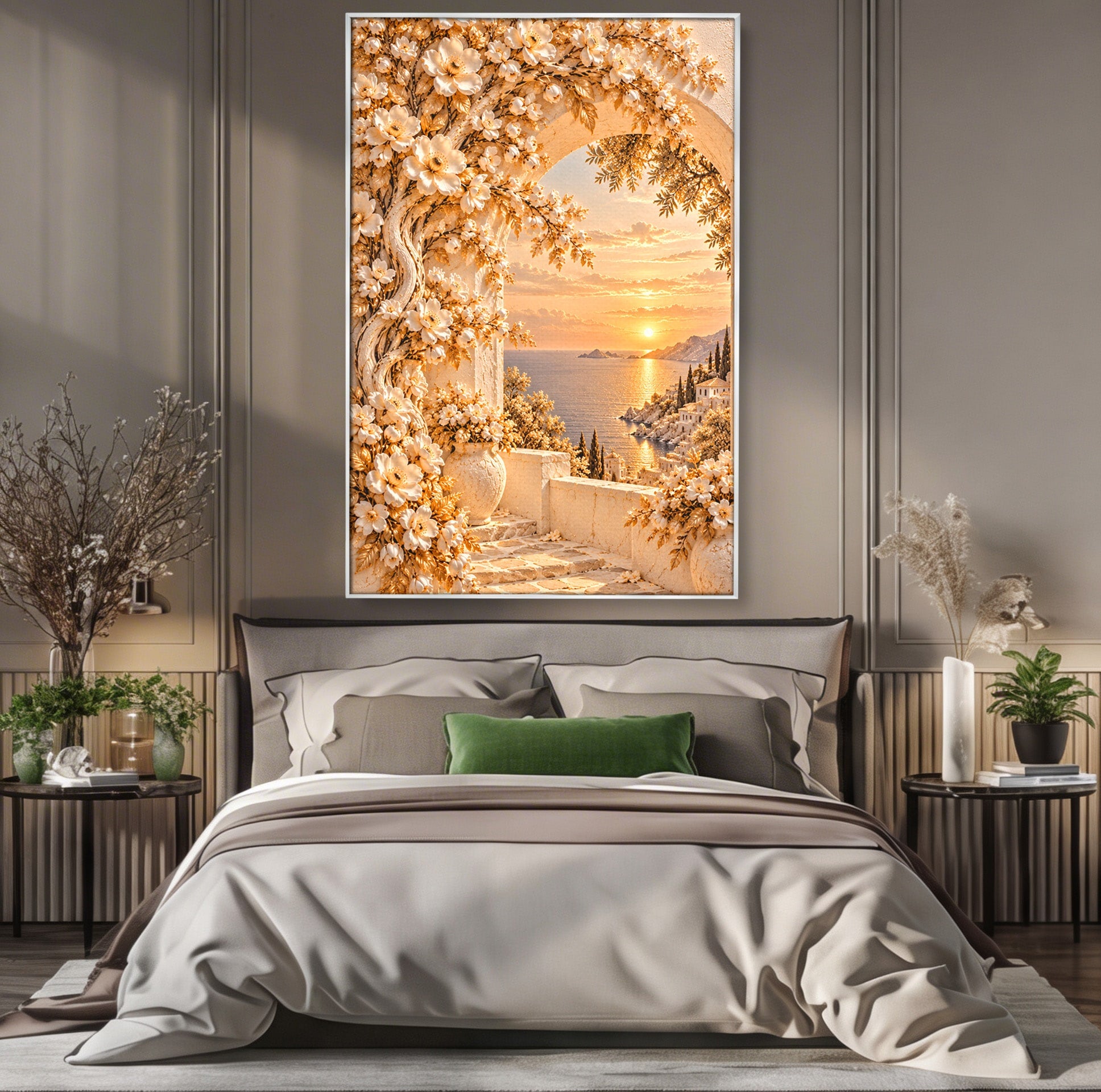 Tablou Canvas Premium LuxCanva® PI1428, Apus Mediteranean Cu Flori, Vacanta, Magie, Mediterranean, Peisaj, Culori Vibrante, Living, Dormitor