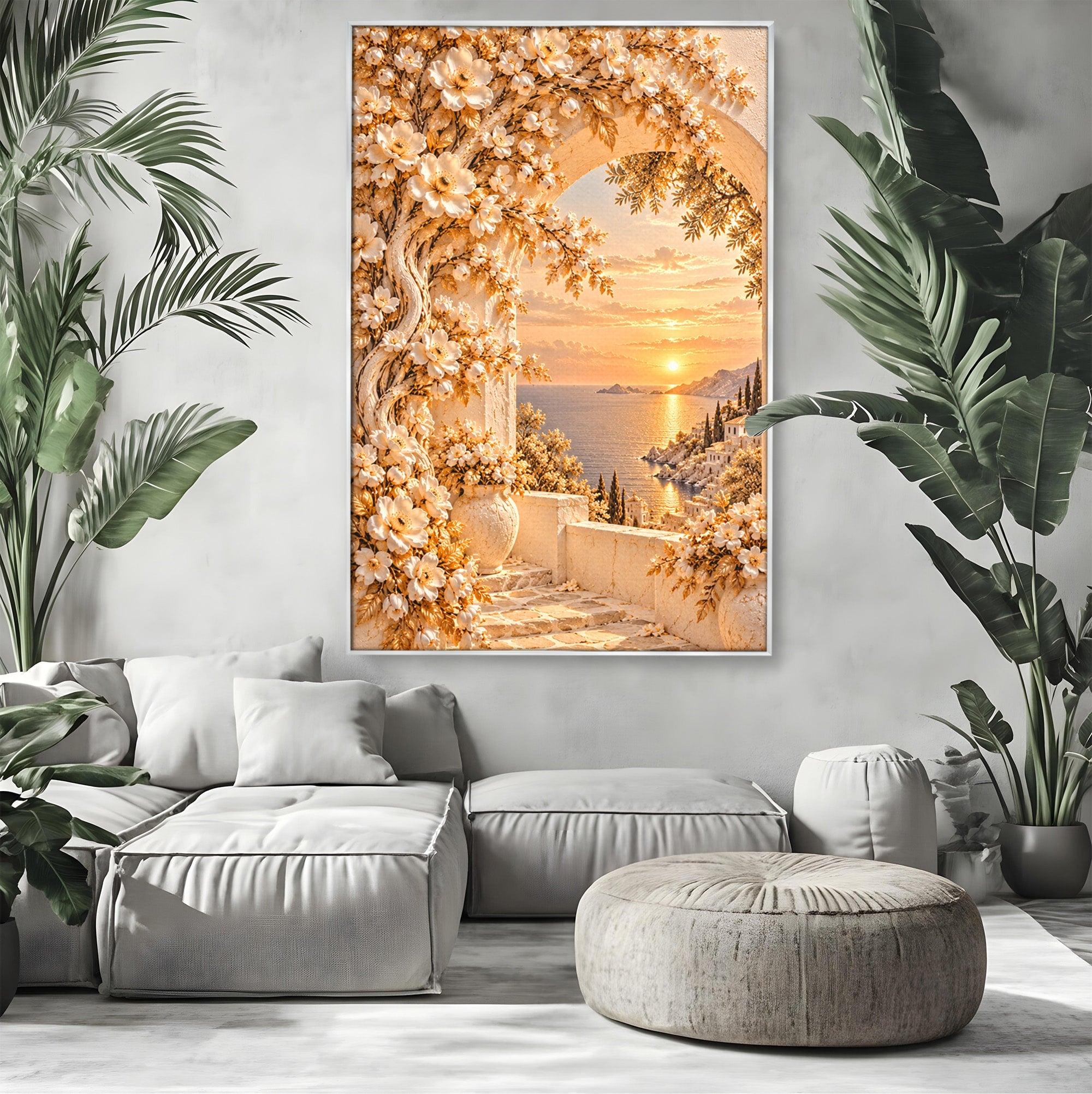 Tablou Canvas Premium LuxCanva® PI1428, Apus Mediteranean Cu Flori, Vacanta, Magie, Mediterranean, Peisaj, Culori Vibrante, Living, Dormitor
